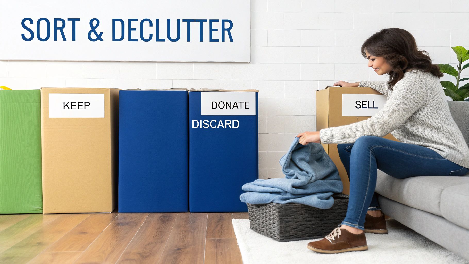 A smiling woman sorting clothes into boxes labeled Keep, Donate, Discard, and Sell.