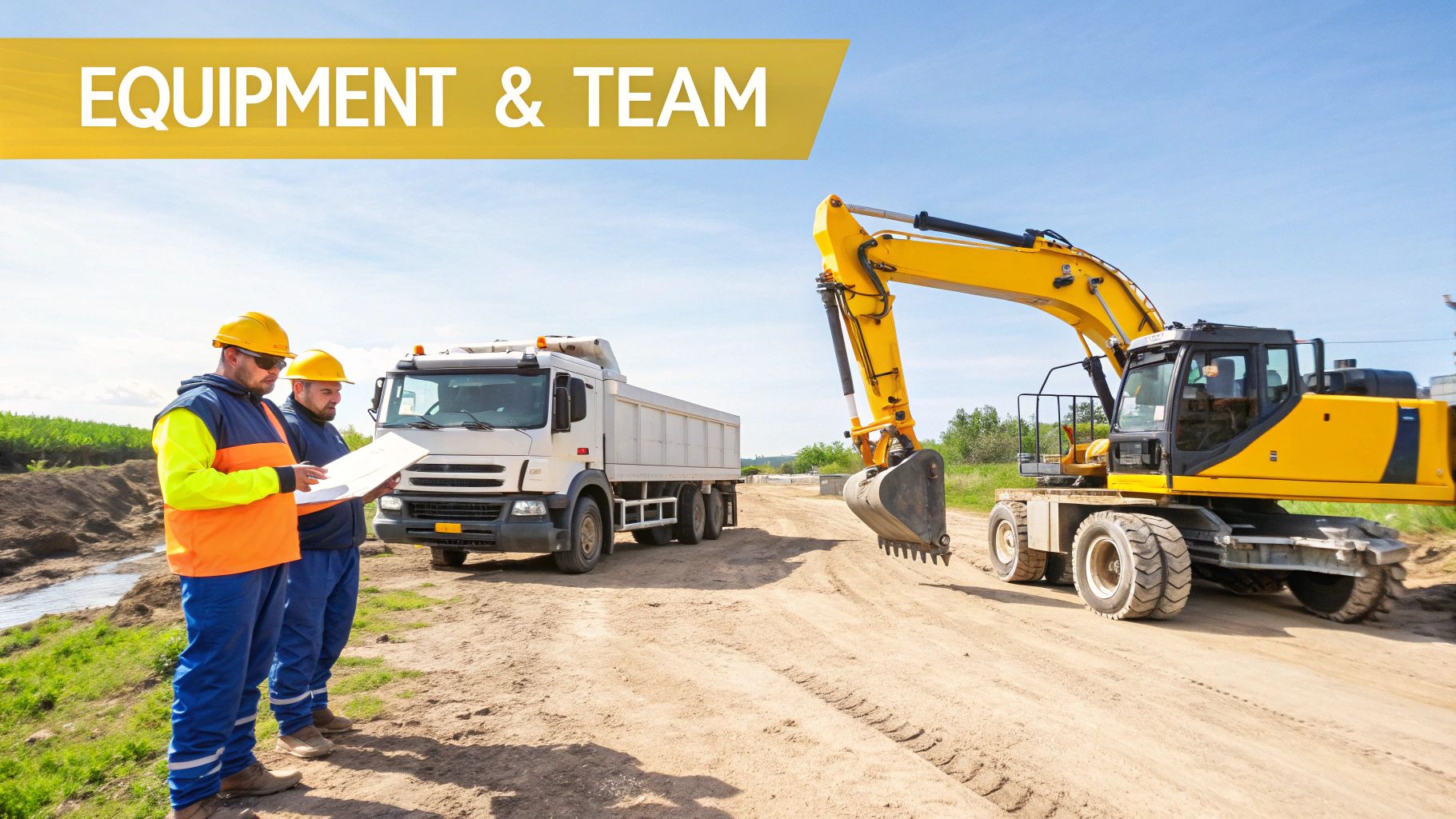 Two construction workers in hard hats and high-visibility vests on a dirt site with heavy equipment.