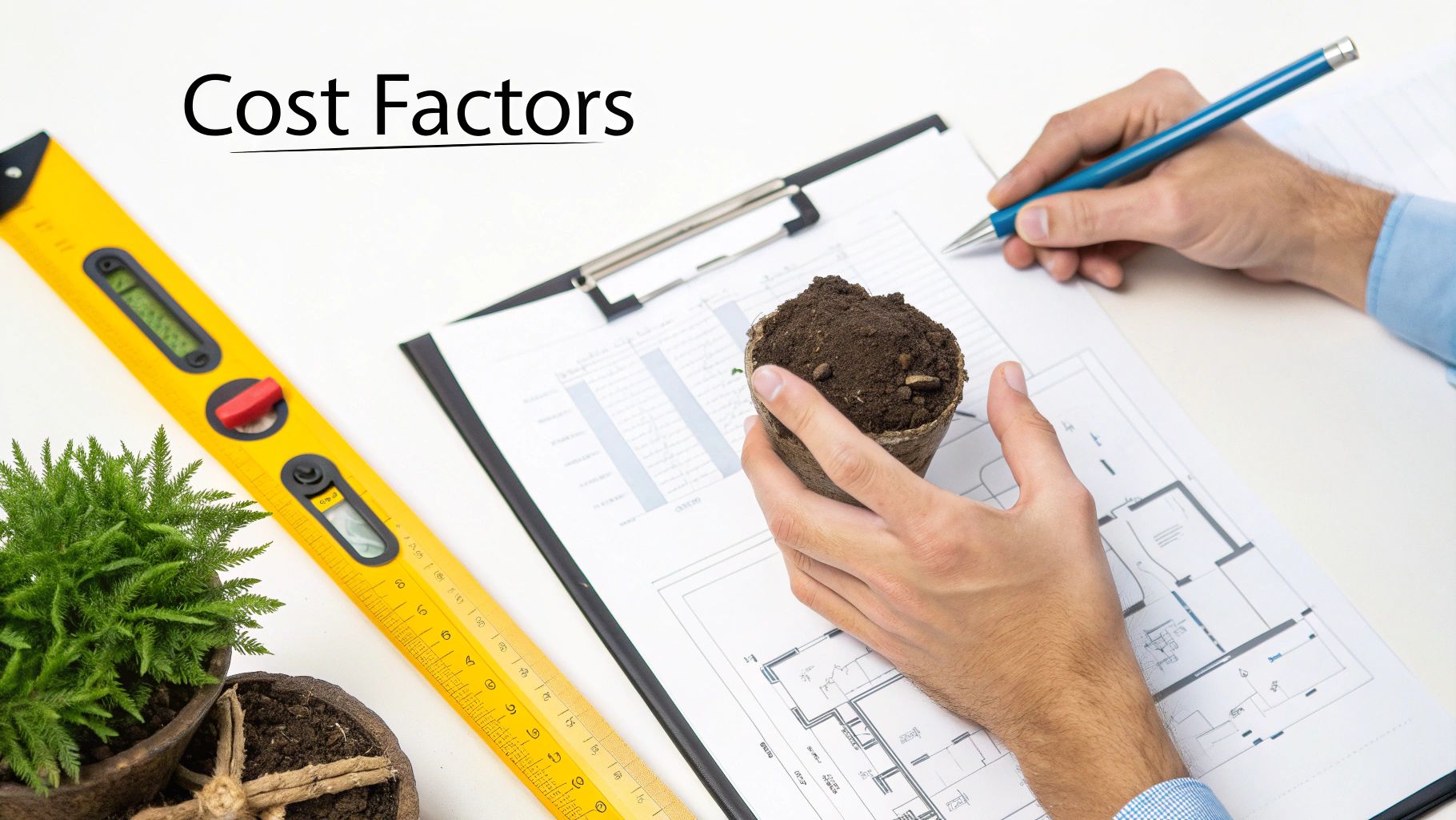 A person's hands reviewing architectural plans and cost factors, holding a small plant pot with soil.