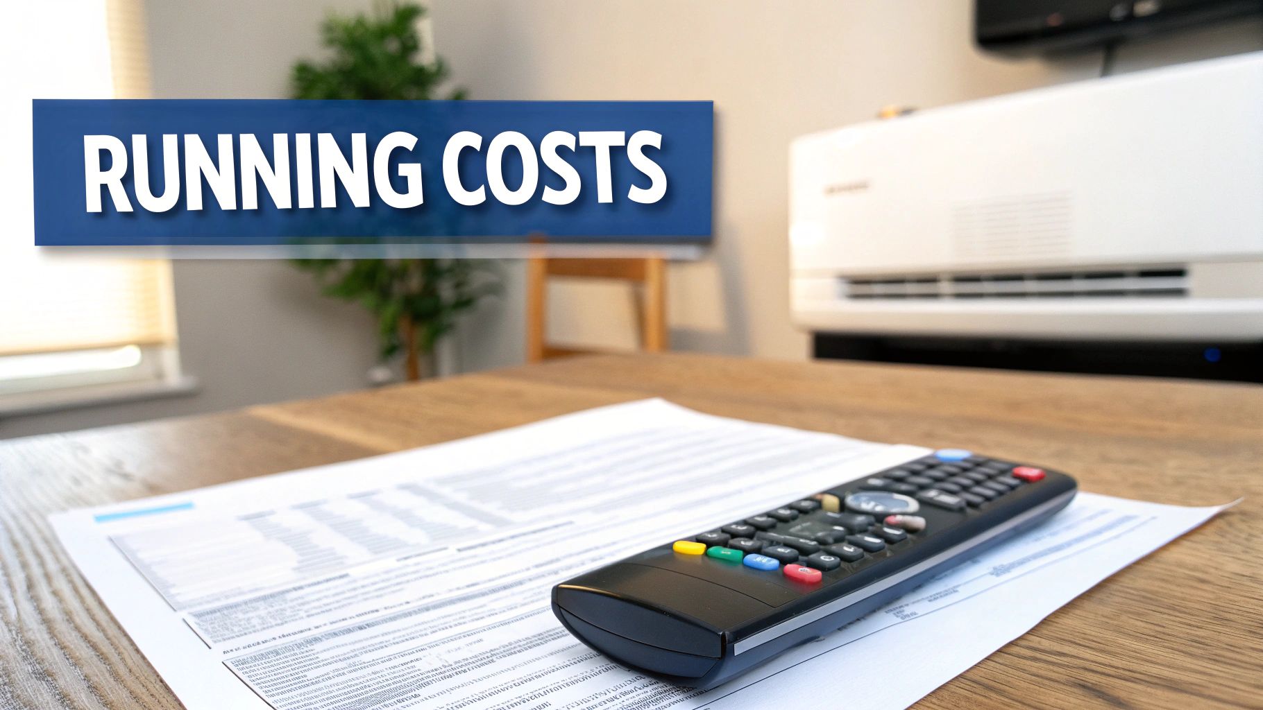 A remote control and papers on a table, with a 'RUNNING COSTS' banner, highlighting home appliance expenses like an air conditioner.