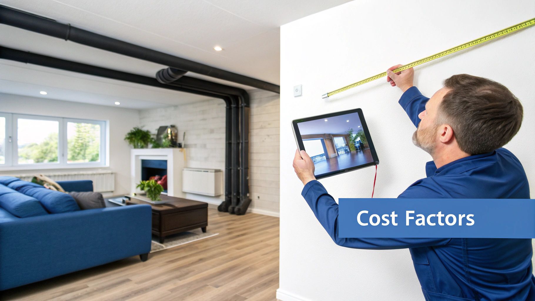 Man measures wall with tape, holding tablet, next to living room, representing installation cost factors.