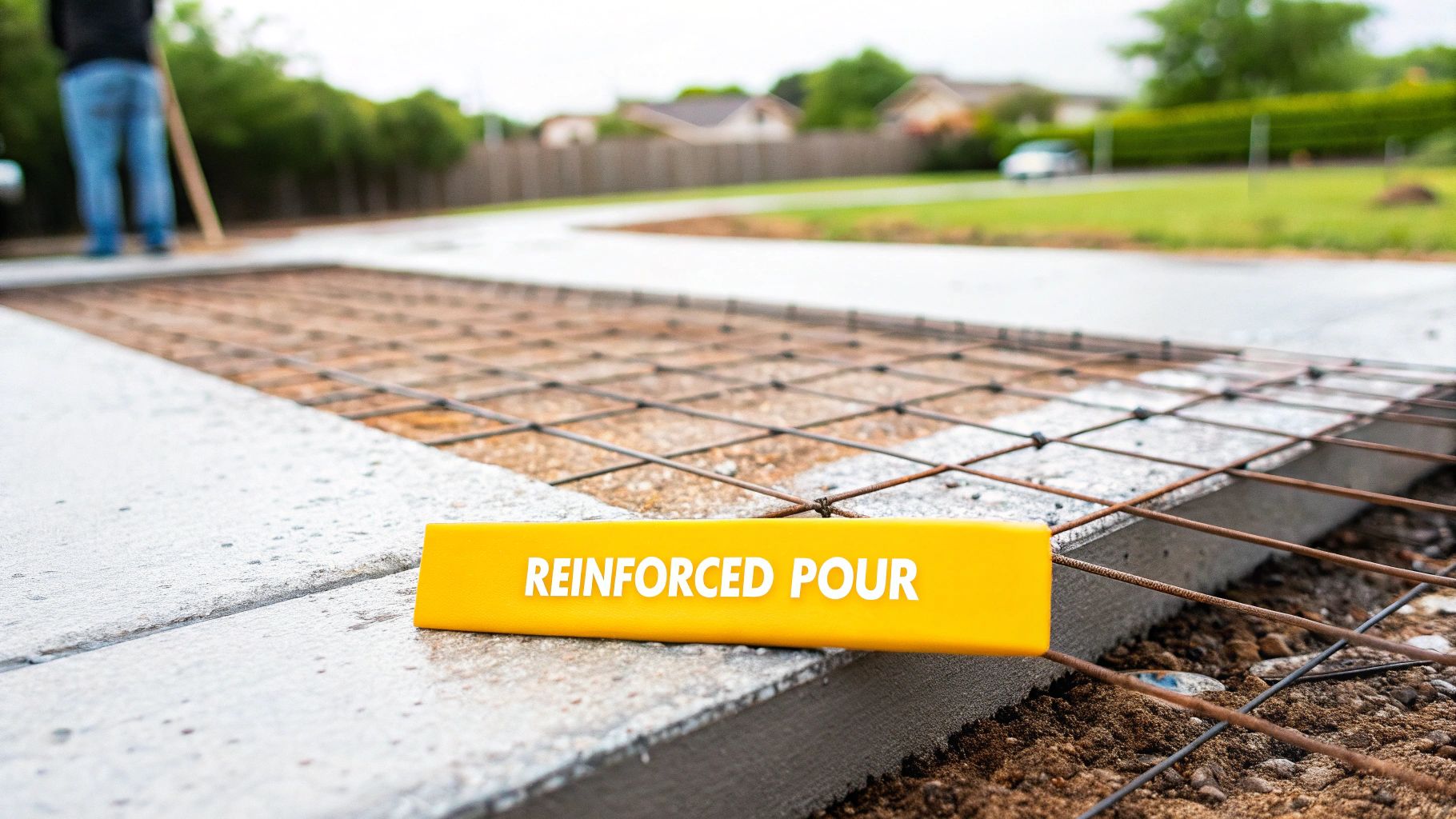 A close-up view of a construction site showing concrete formwork with rebar mesh, marked for a reinforced pour.