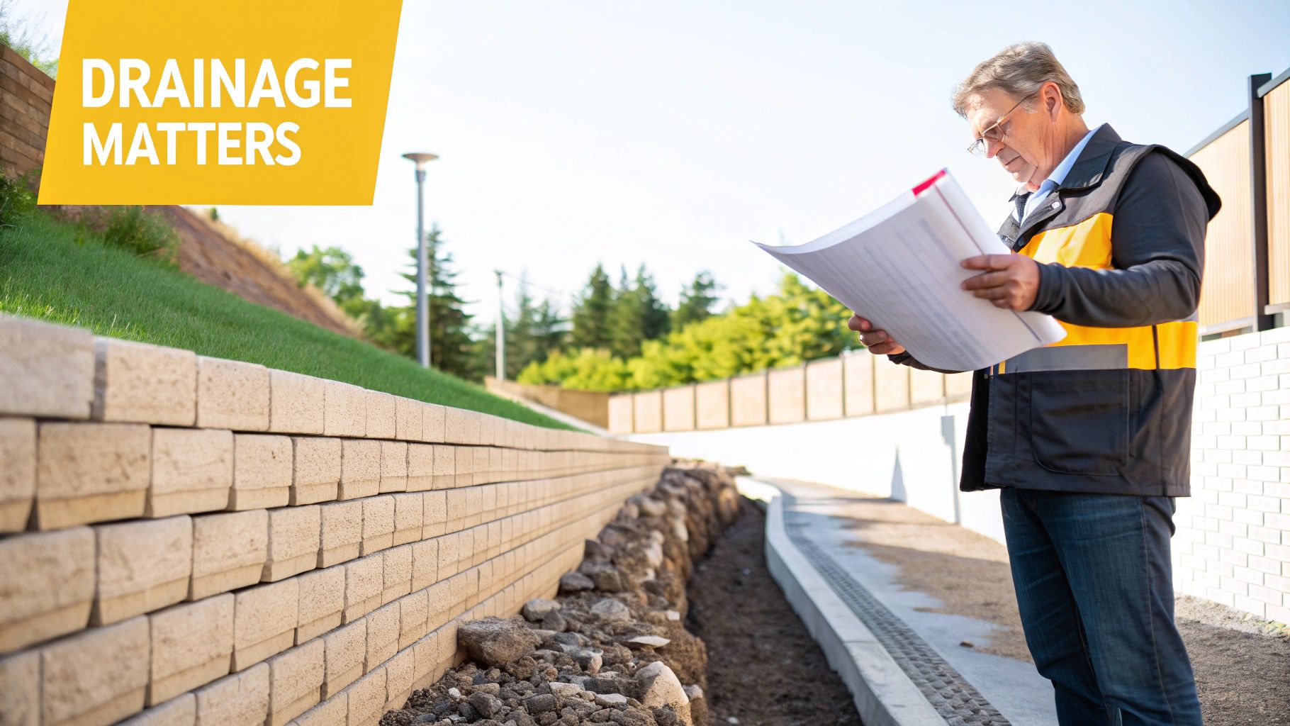 A newly constructed sandstone retaining wall with safety fencing around it.