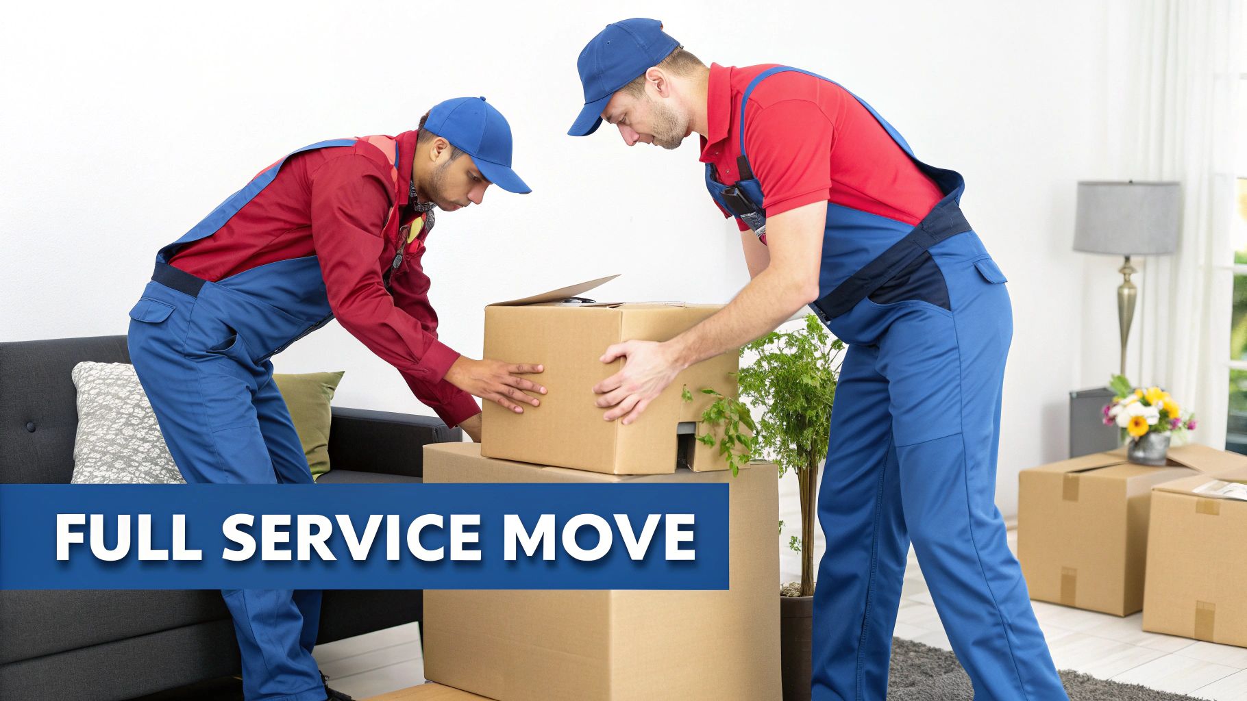 Two professional movers in blue overalls and red shirts handling cardboard boxes during a full service move.