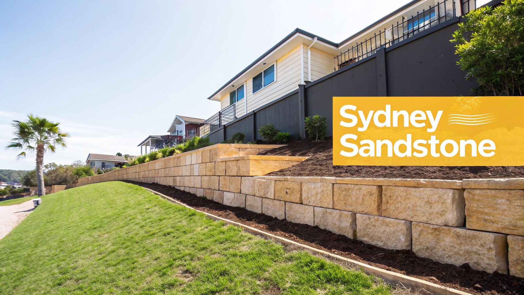 A beautifully crafted sandstone retaining wall integrated into a lush Sydney garden.