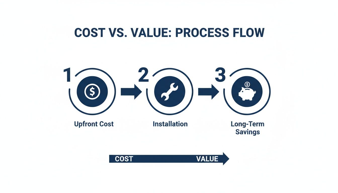 Infographic showing a three-step process flow: Upfront Cost, Installation, and Long-Term Savings, illustrating cost vs. value.