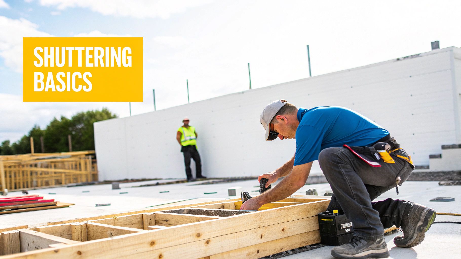 Two construction workers on a site, one assembling wooden shuttering for concrete. Text says 'SHUTTERING BASICS'.