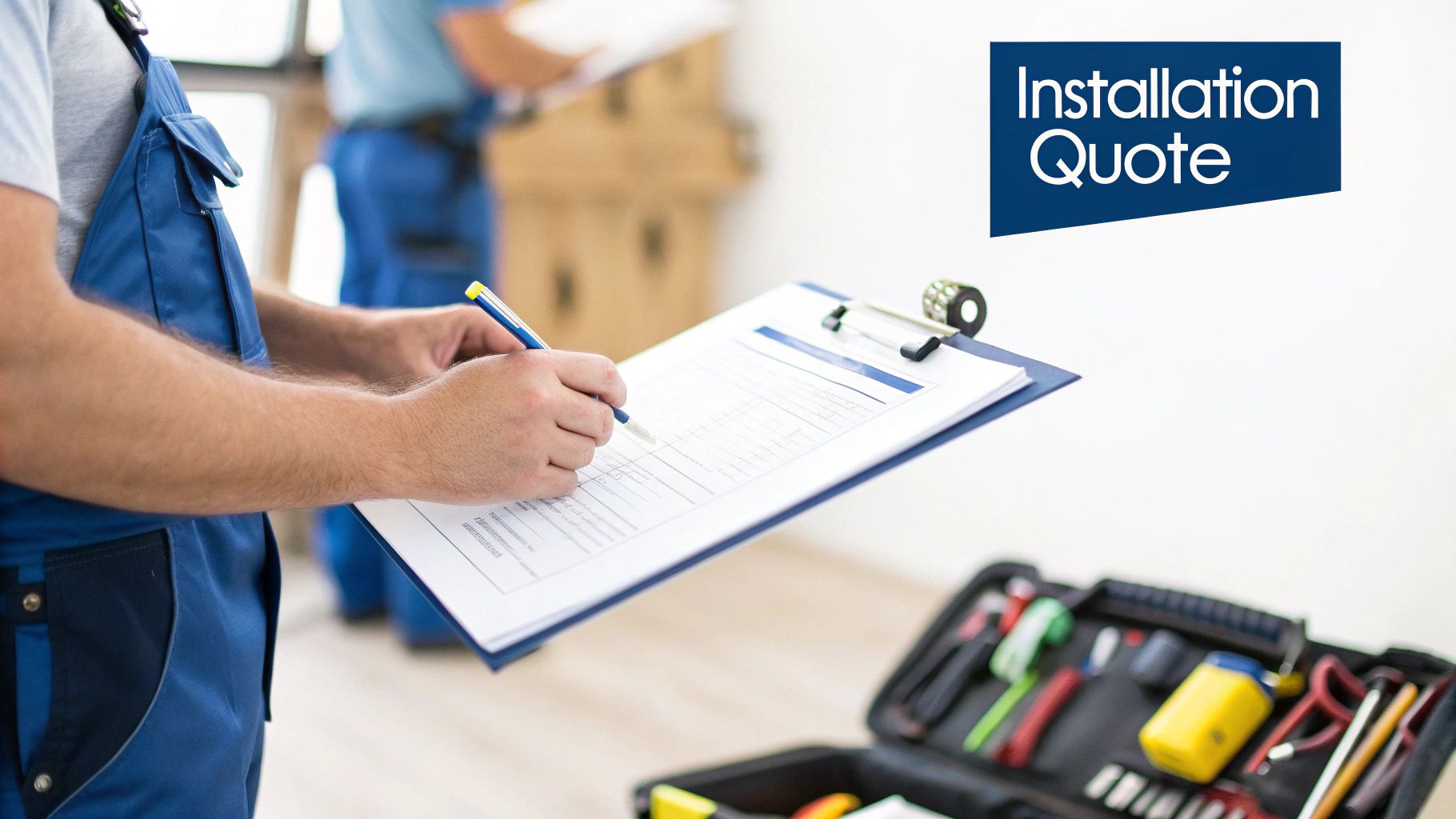 A technician in blue overalls is writing on an installation quote form on a clipboard with a pen.