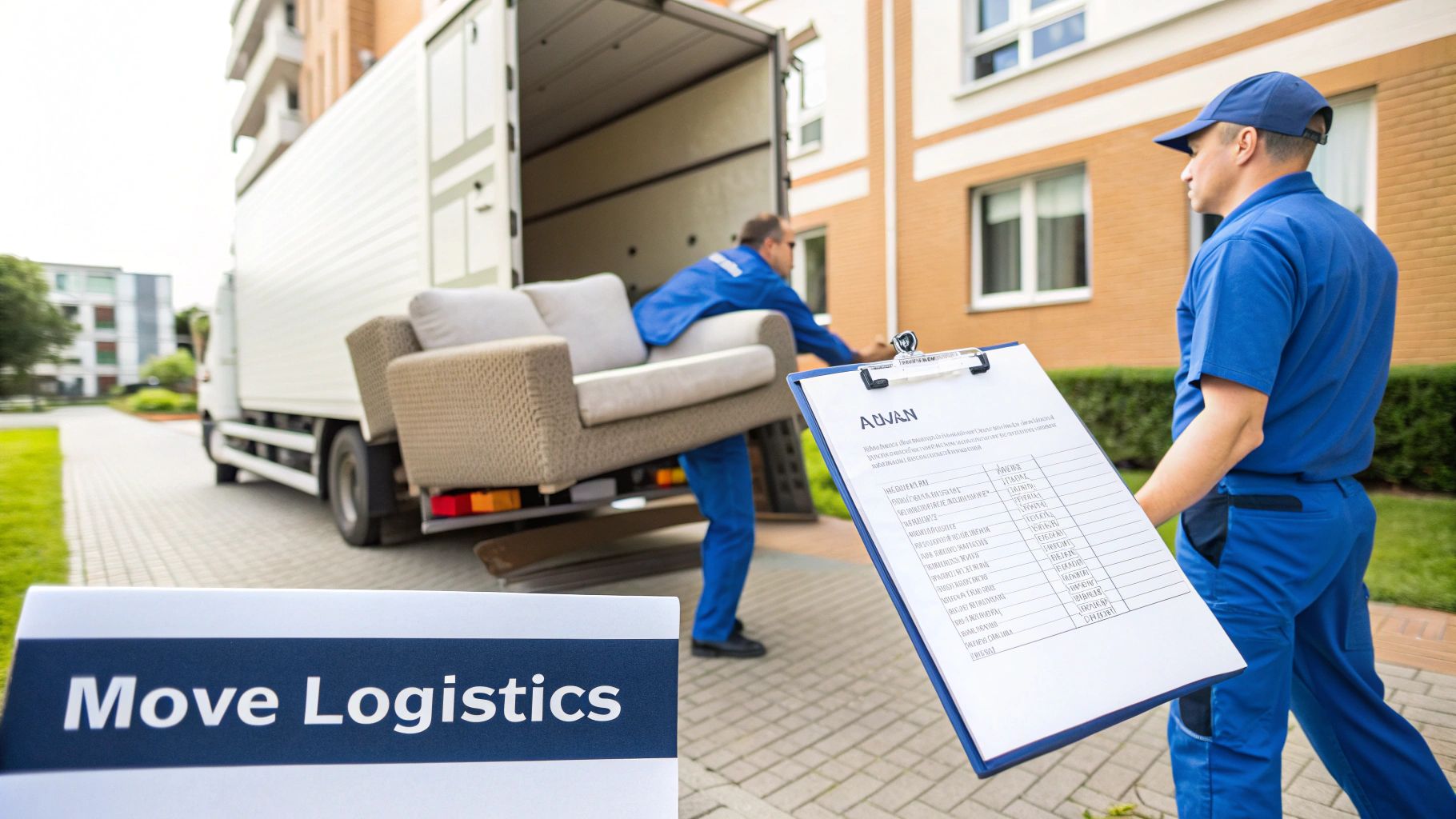 Professional movers loading a sofa into a white truck while another mover holds a logistics clipboard.