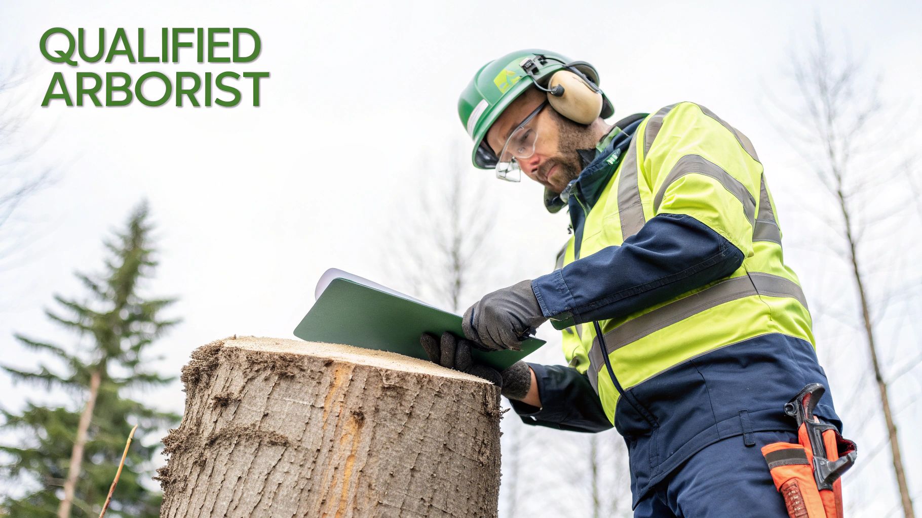 A qualified arborist wearing safety gear, including a hard hat and high-vis jacket, inspects a tree stump with a clipboard.
