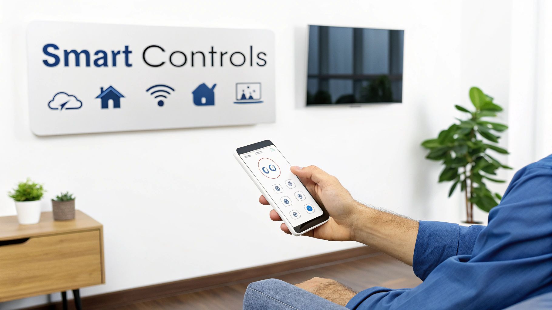 A person uses a smartphone as a remote control for smart home devices, with a 'Smart Controls' sign.