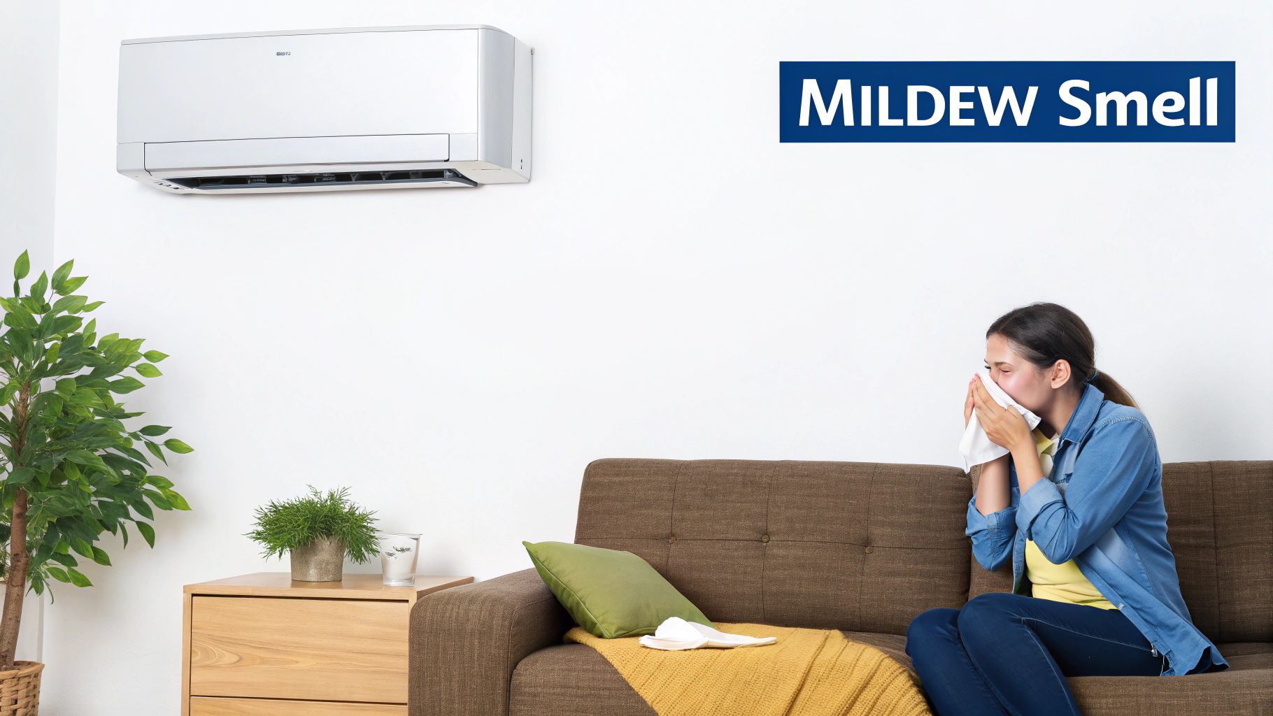 Woman experiencing allergies on a sofa, next to an air conditioner with 'MILDEW Smell' text.