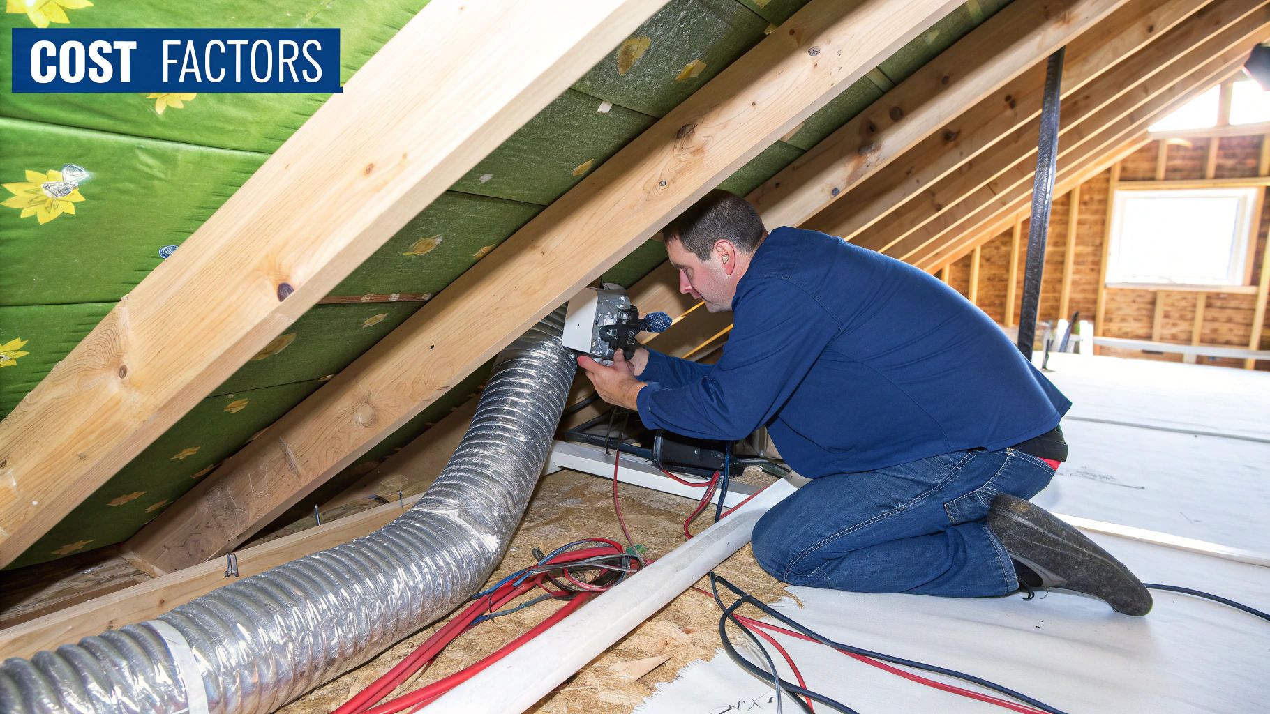 HVAC technician installing or repairing ductwork and electrical components in a residential attic.