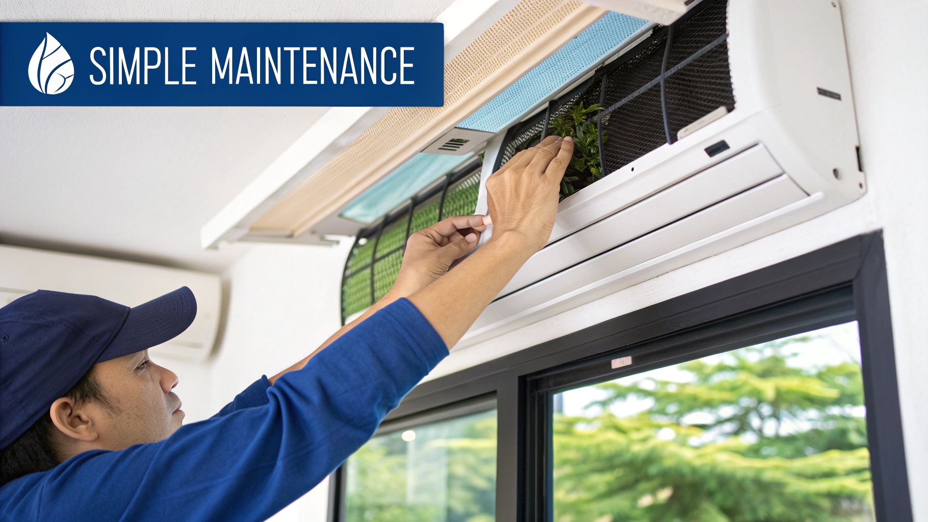 A technician cleans the air filter of a wall-mounted split system air conditioner unit.
