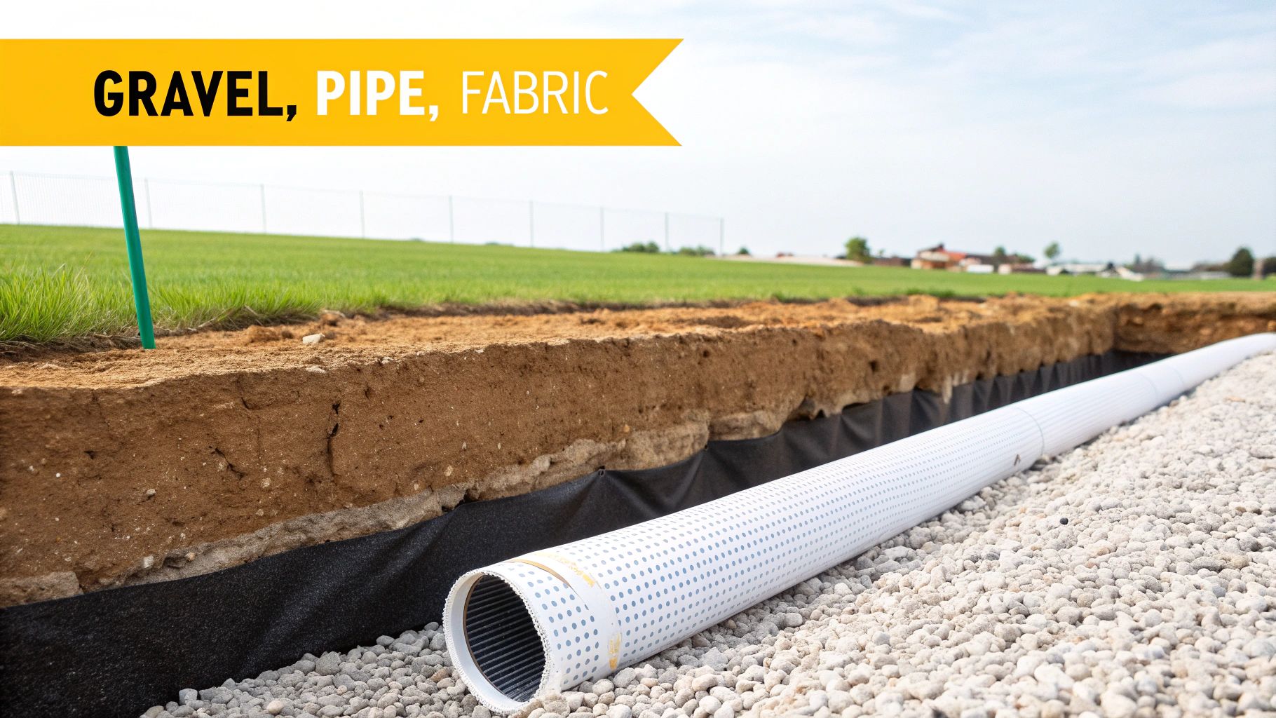 Perforated drainage pipe installed in gravel trench with geotextile fabric for retaining wall water management