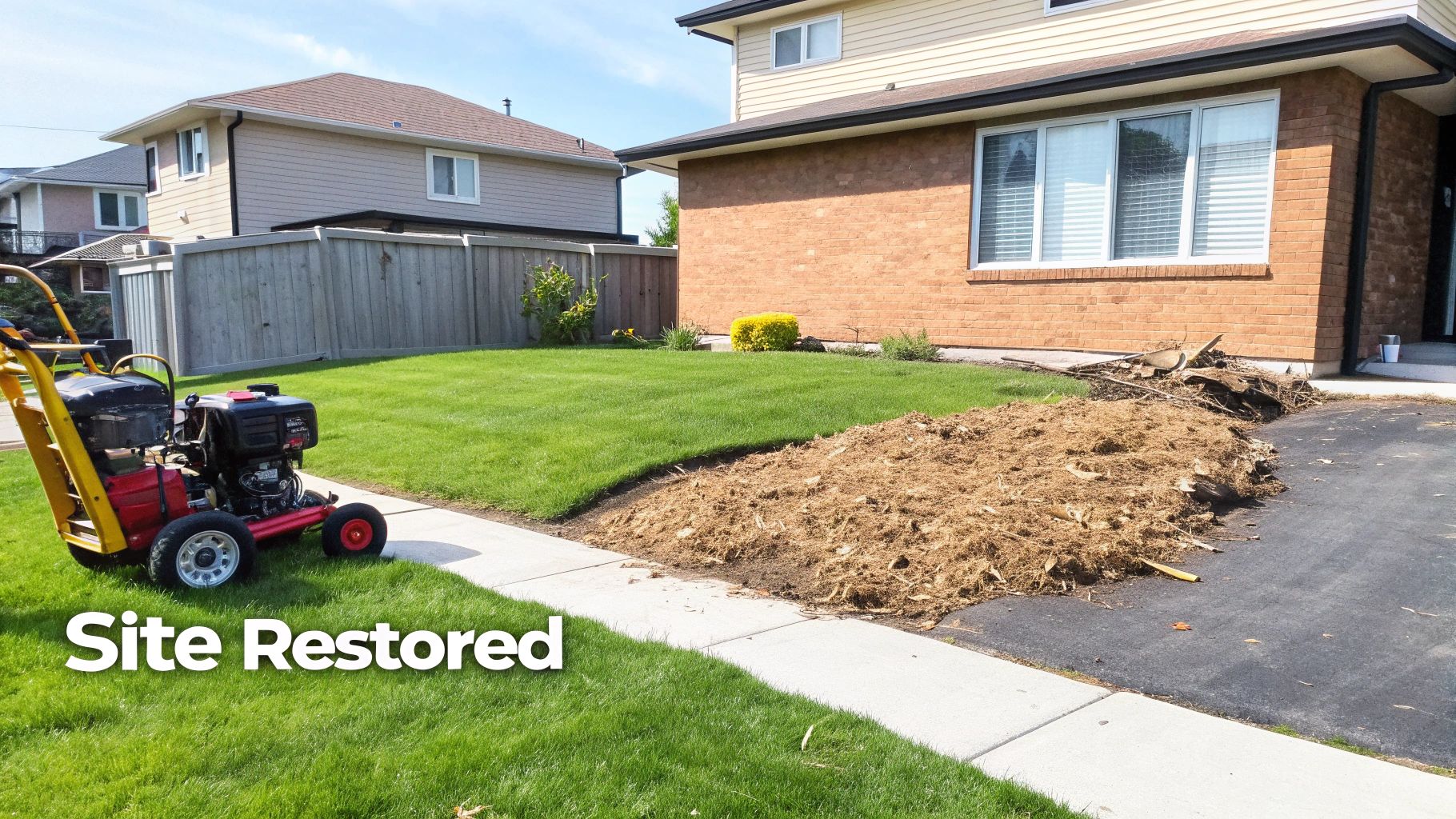 Suburban home with green lawn, a landscaping machine, and a pile of wood chips, implying site restoration.