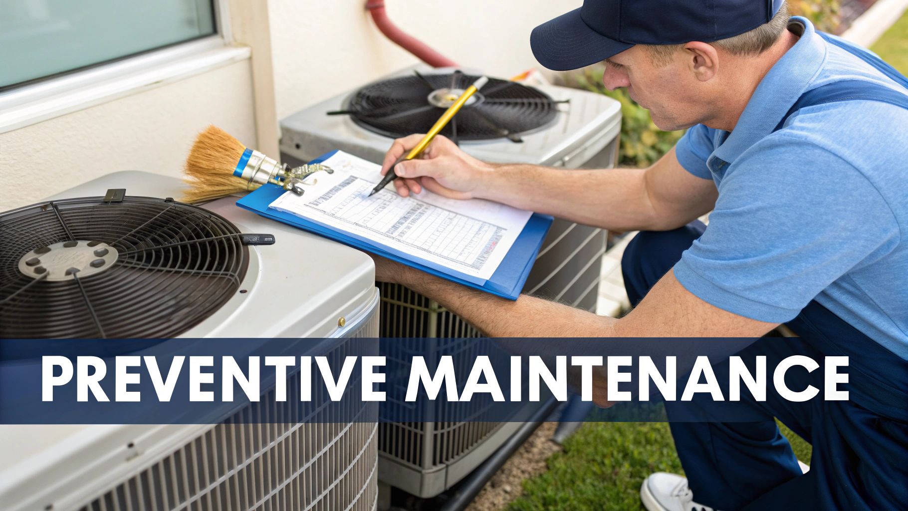 A technician performing preventive maintenance on an outdoor HVAC unit, taking notes on a clipboard.
