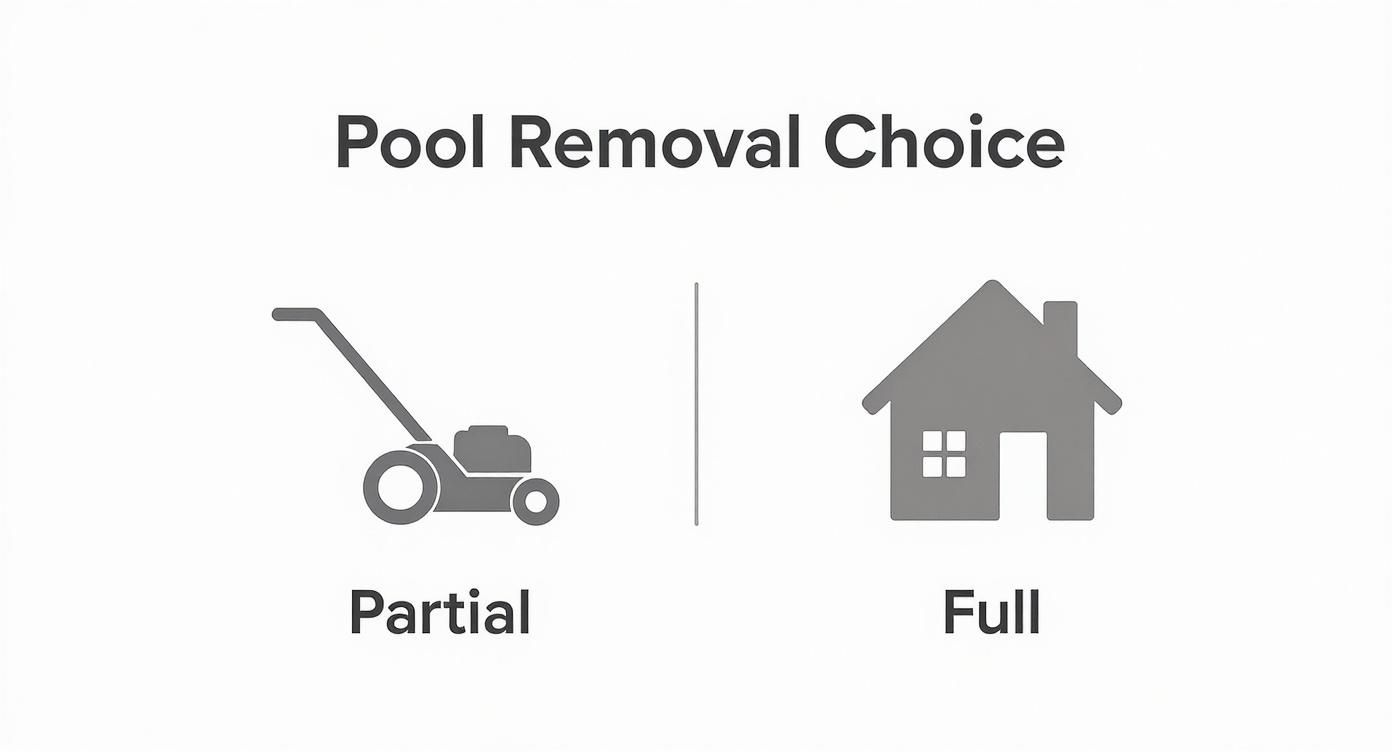 An infographic displays 'Pool Removal Choice' with two options: 'Partial' represented by a lawnmower and 'Full' by a house icon.