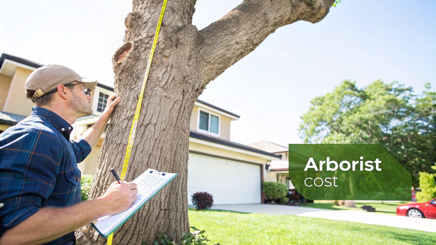 An arborist measures a tree trunk with a tape measure while writing notes on a clipboard.