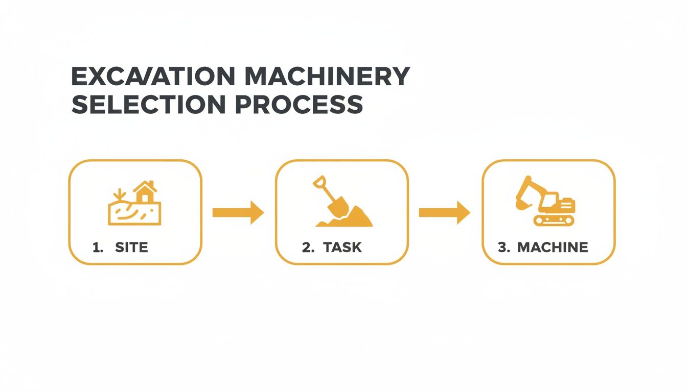Diagram illustrating the excavation machinery selection process, covering site analysis, task definition, and machine choice.