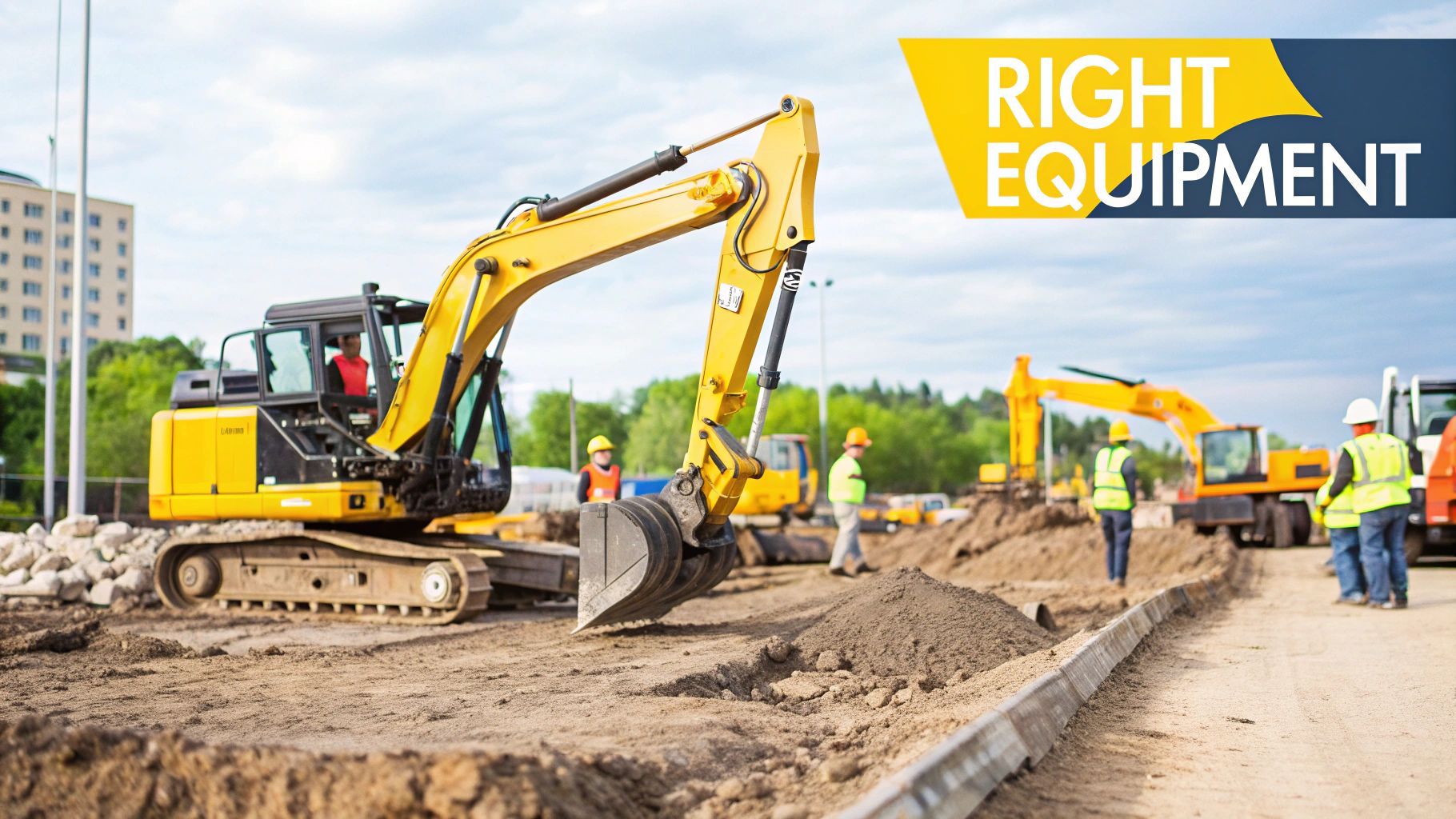 An excavator with various attachments displayed nearby, illustrating the versatility of modern construction equipment.