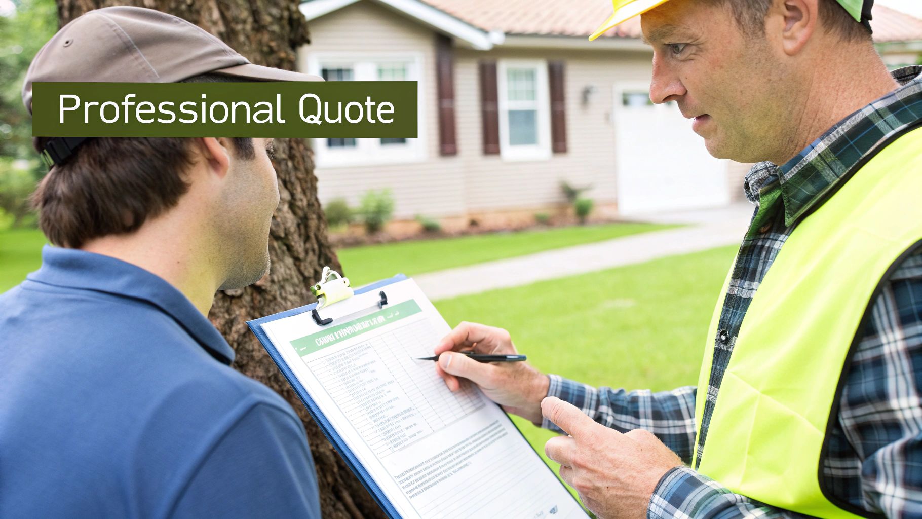 An arborist in a safety vest writes a professional quote for a homeowner, discussing tree services.