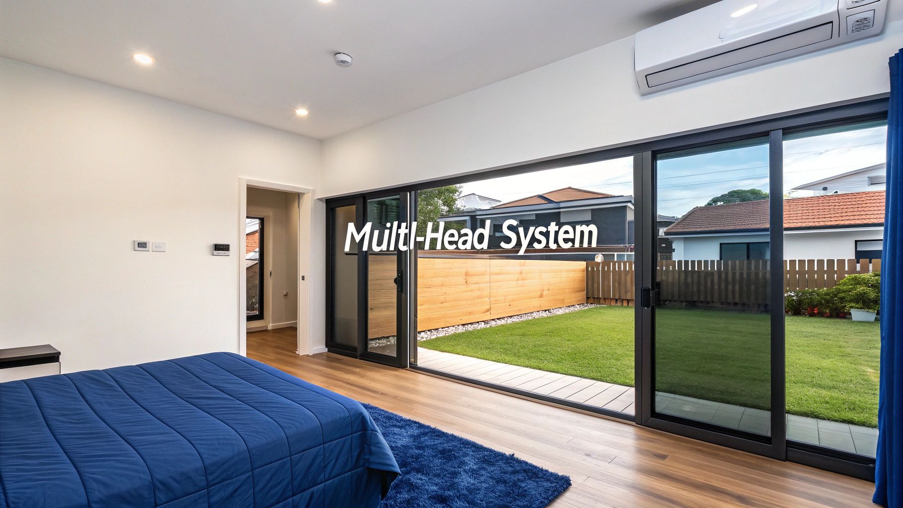 Modern bedroom with a multi-head air conditioning system, a blue bed, and sliding doors to a green backyard.