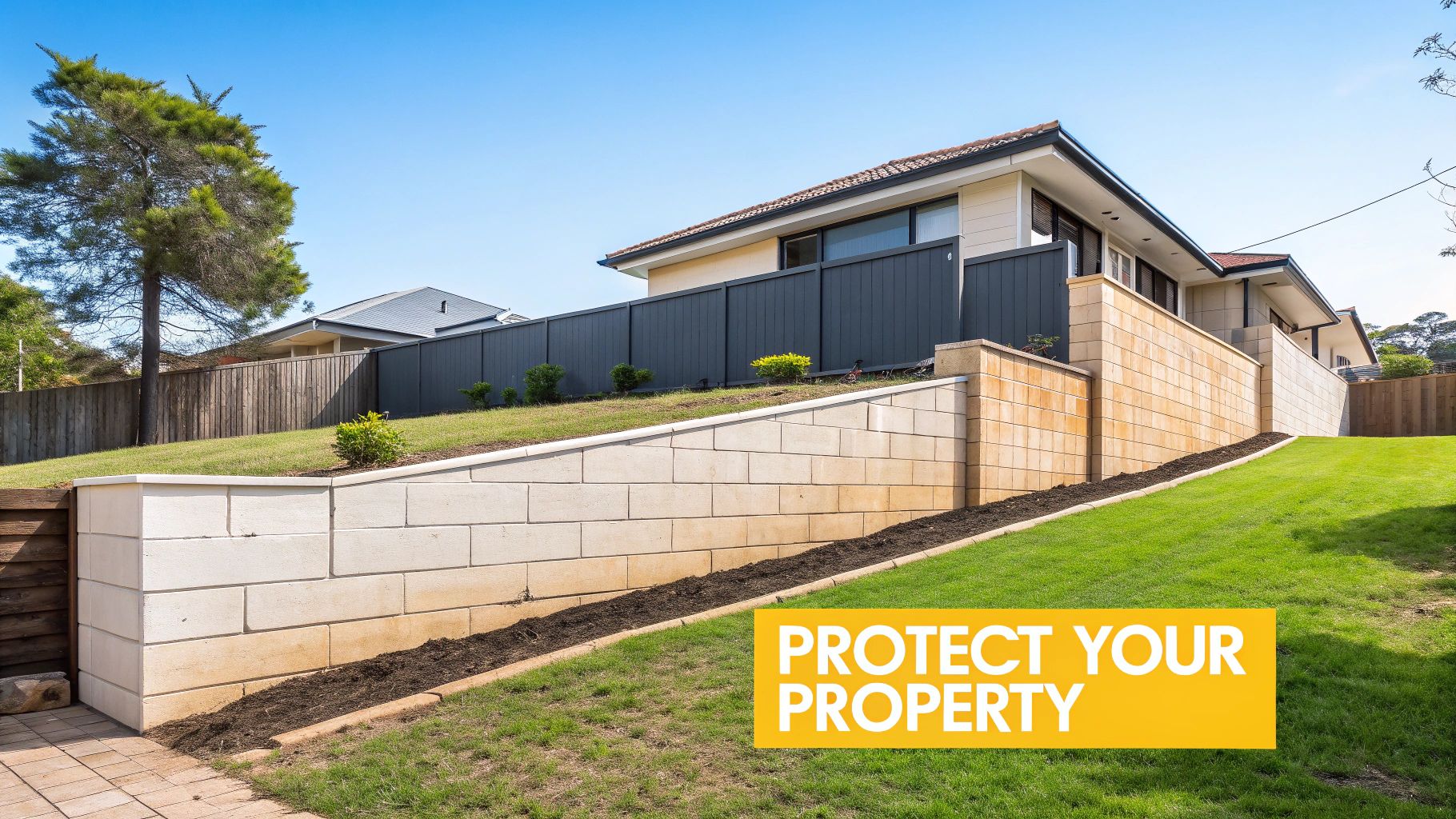 A modern house on a sloped property featuring a prominent block retaining wall and green lawn.