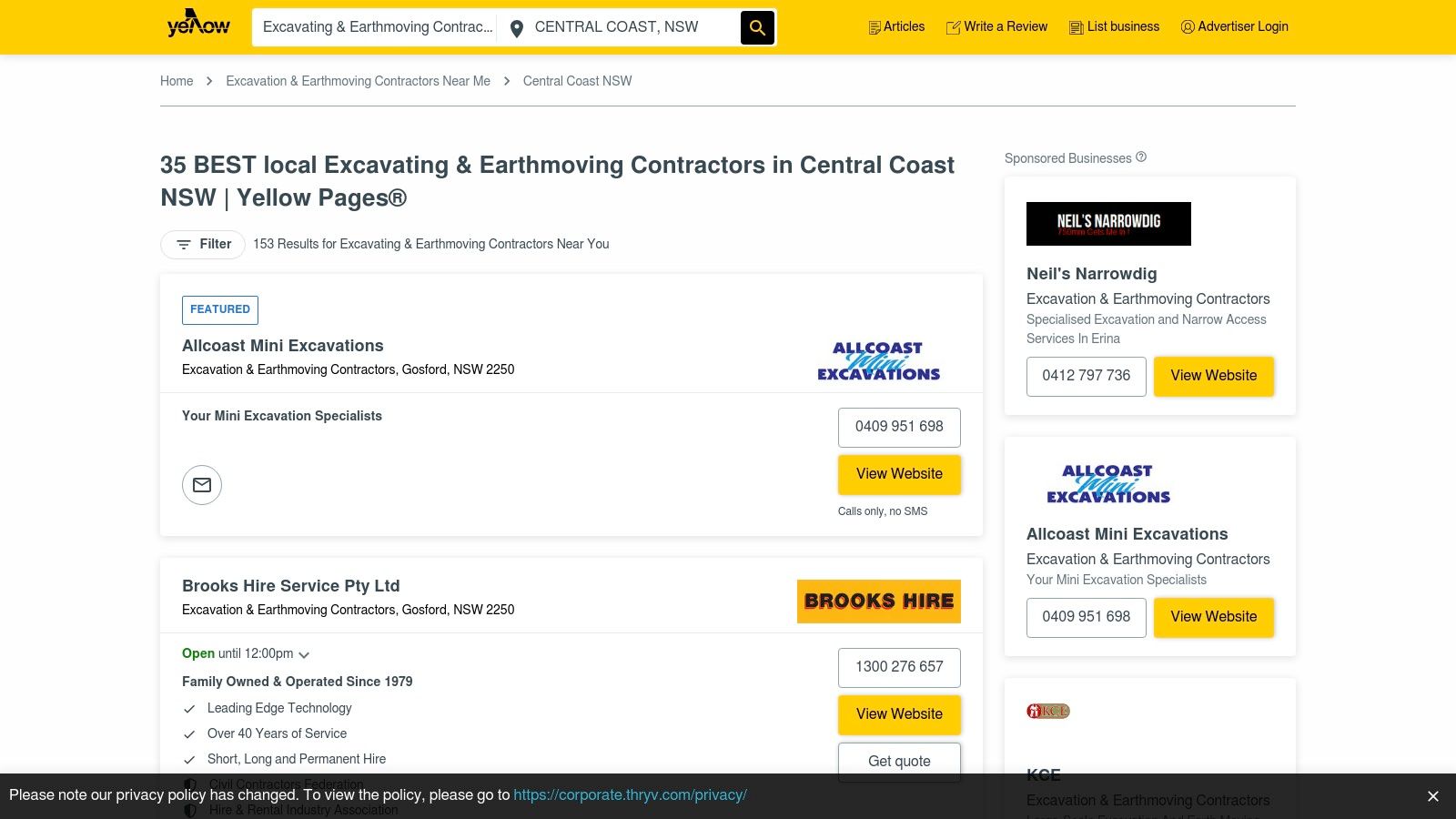 Yellow Pages Australia – Excavation & Earthmoving Contractors (Central Coast NSW)