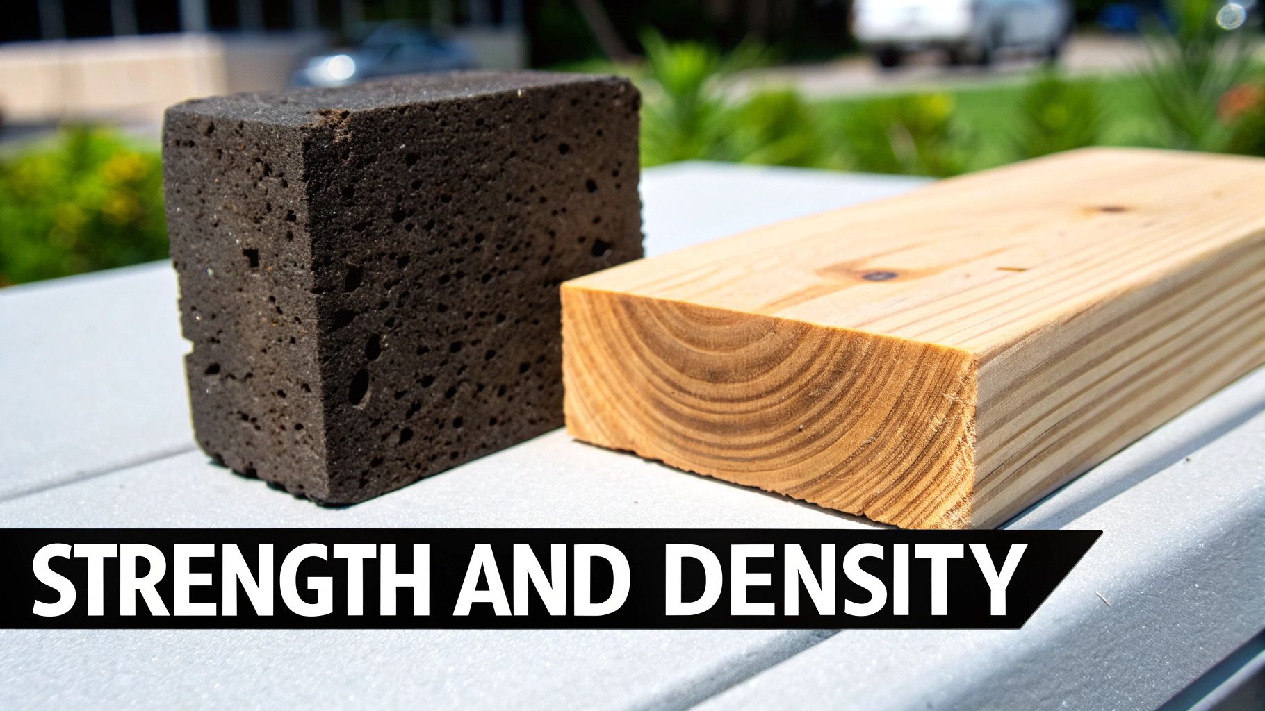 A dark porous block and a light wooden block on a table, illustrating strength and density.