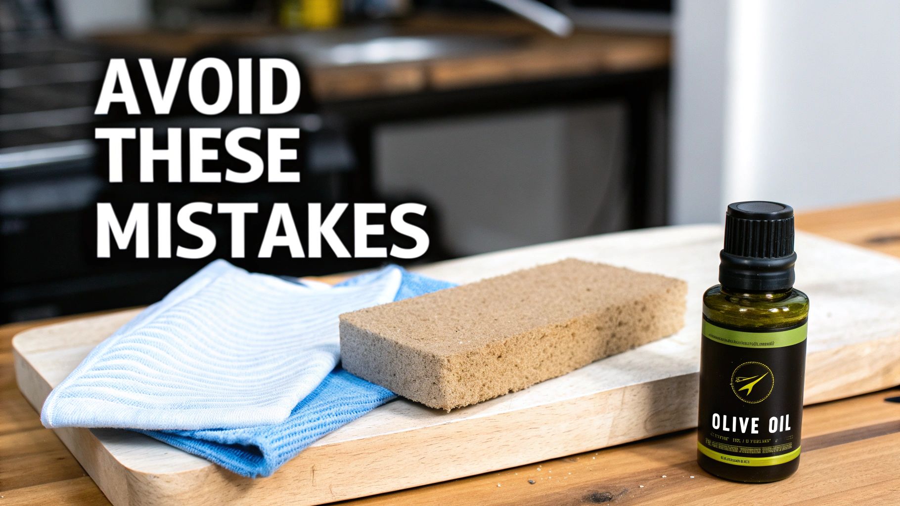 A bottle of olive oil, a sponge, and two cloths on a wooden cutting board with text 'AVOID THESE MISTAKES'.