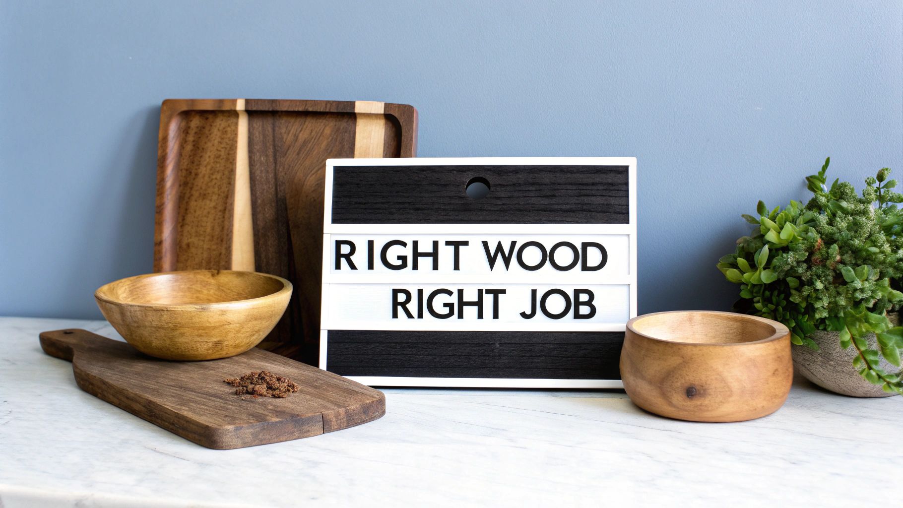 A letter board with 'RIGHT WOOD RIGHT JOB' stands among various wooden kitchen items and a plant.