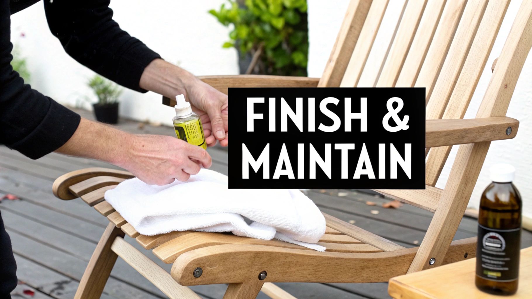 Hands applying liquid from a bottle onto a wooden outdoor chair with a white towel, showcasing furniture maintenance.