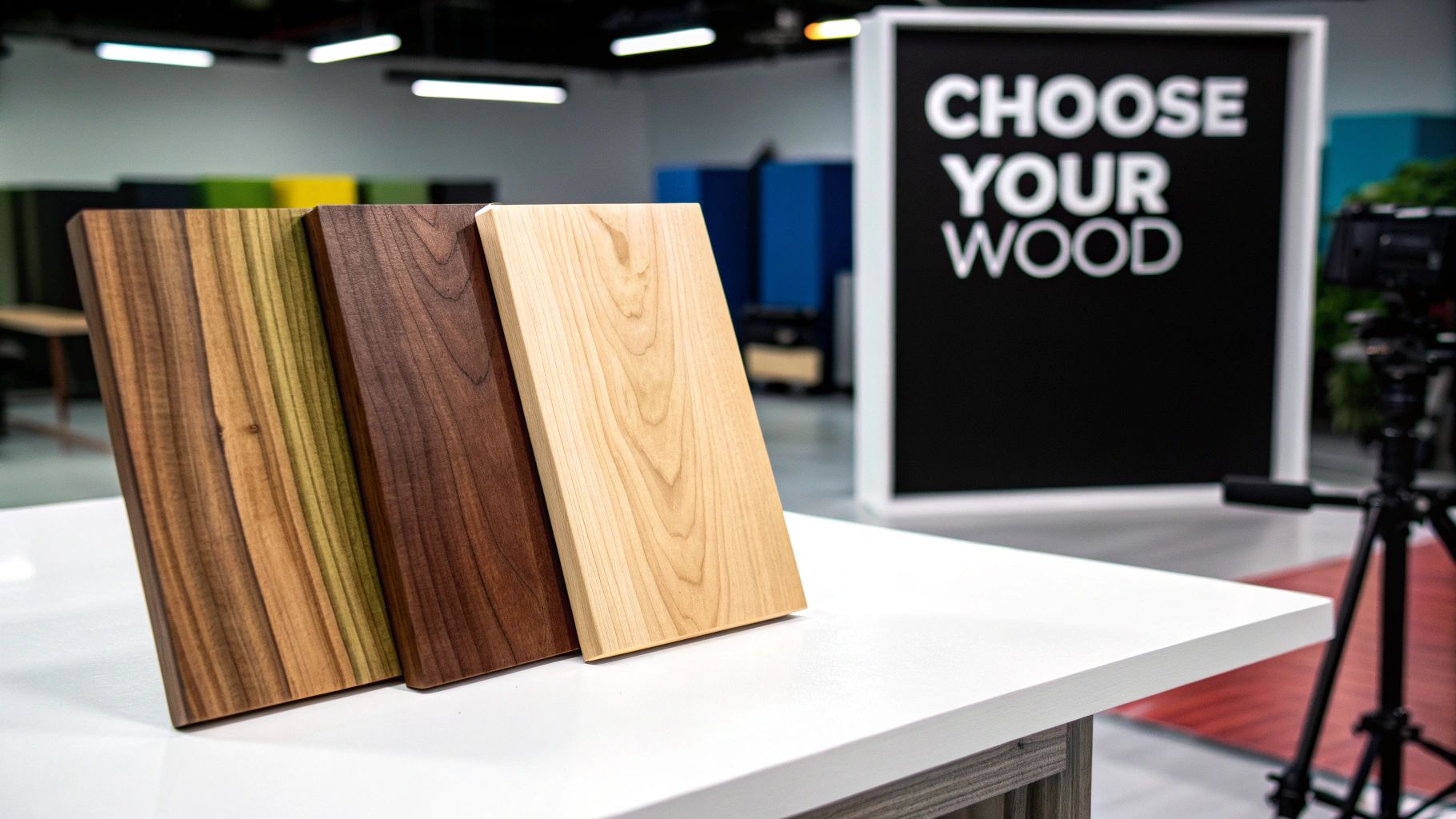 Four distinct wood samples showcasing various grains and colors, displayed with a 'CHOOSE YOUR WOOD' sign.