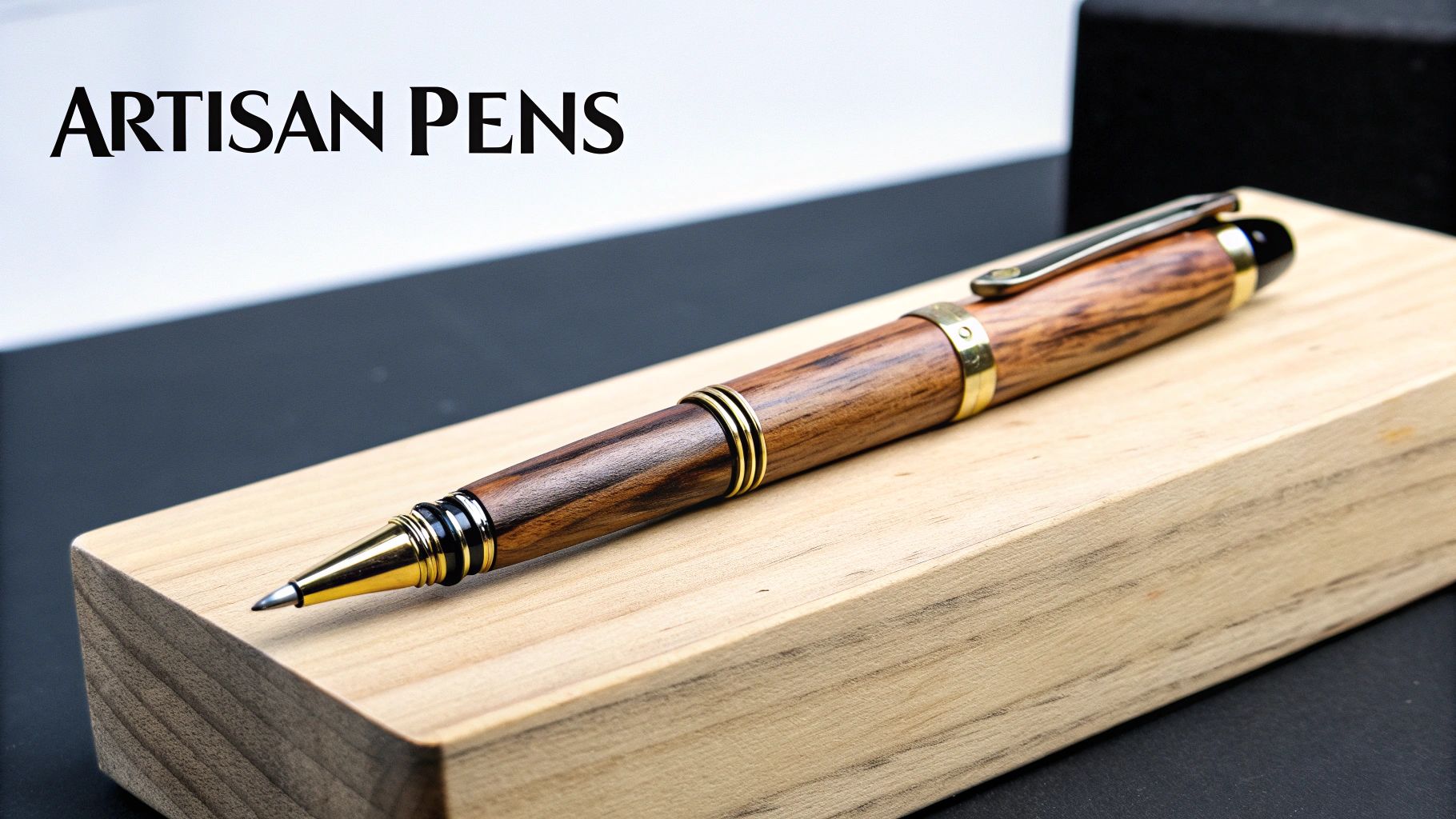 Close-up of a handcrafted wooden pen with elegant gold details on a light wood stand.
