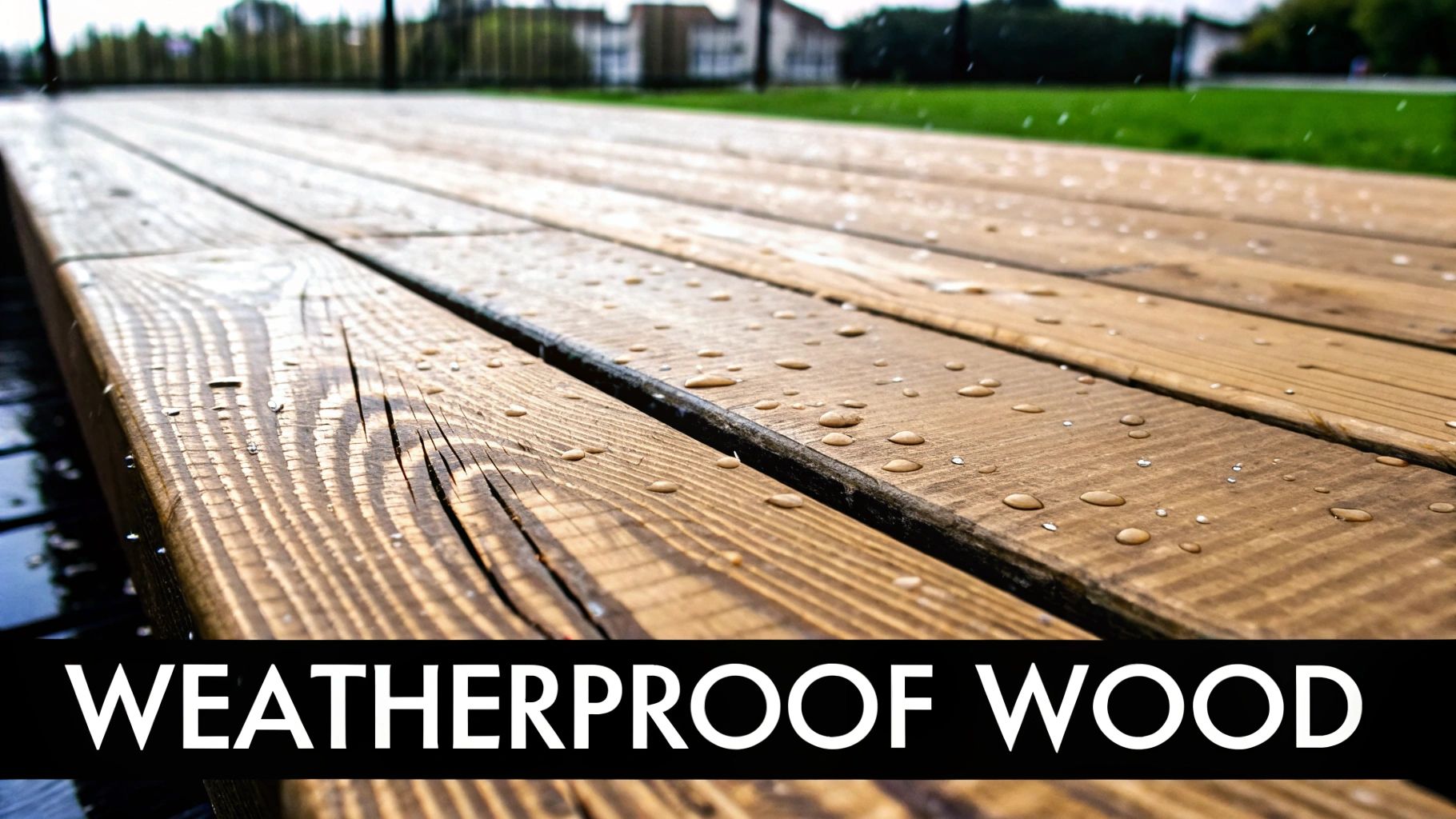Close-up of outdoor wooden deck planks with water droplets, showcasing weatherproof wood.