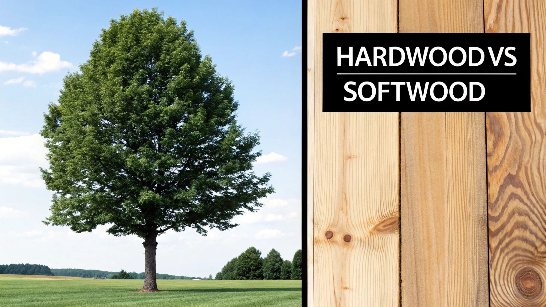 A leafy tree in a green field next to various wooden planks and text 'Hardwood vs Softwood'.