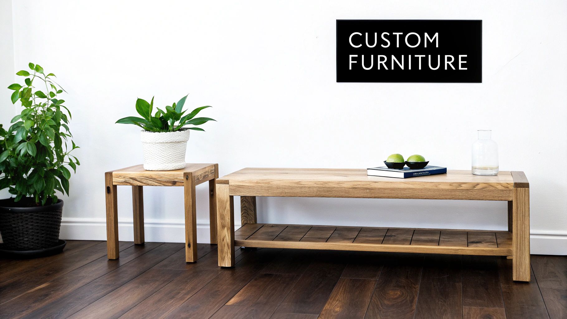 Two wooden tables, one with a potted plant, the other with a book and limes, against a white wall.