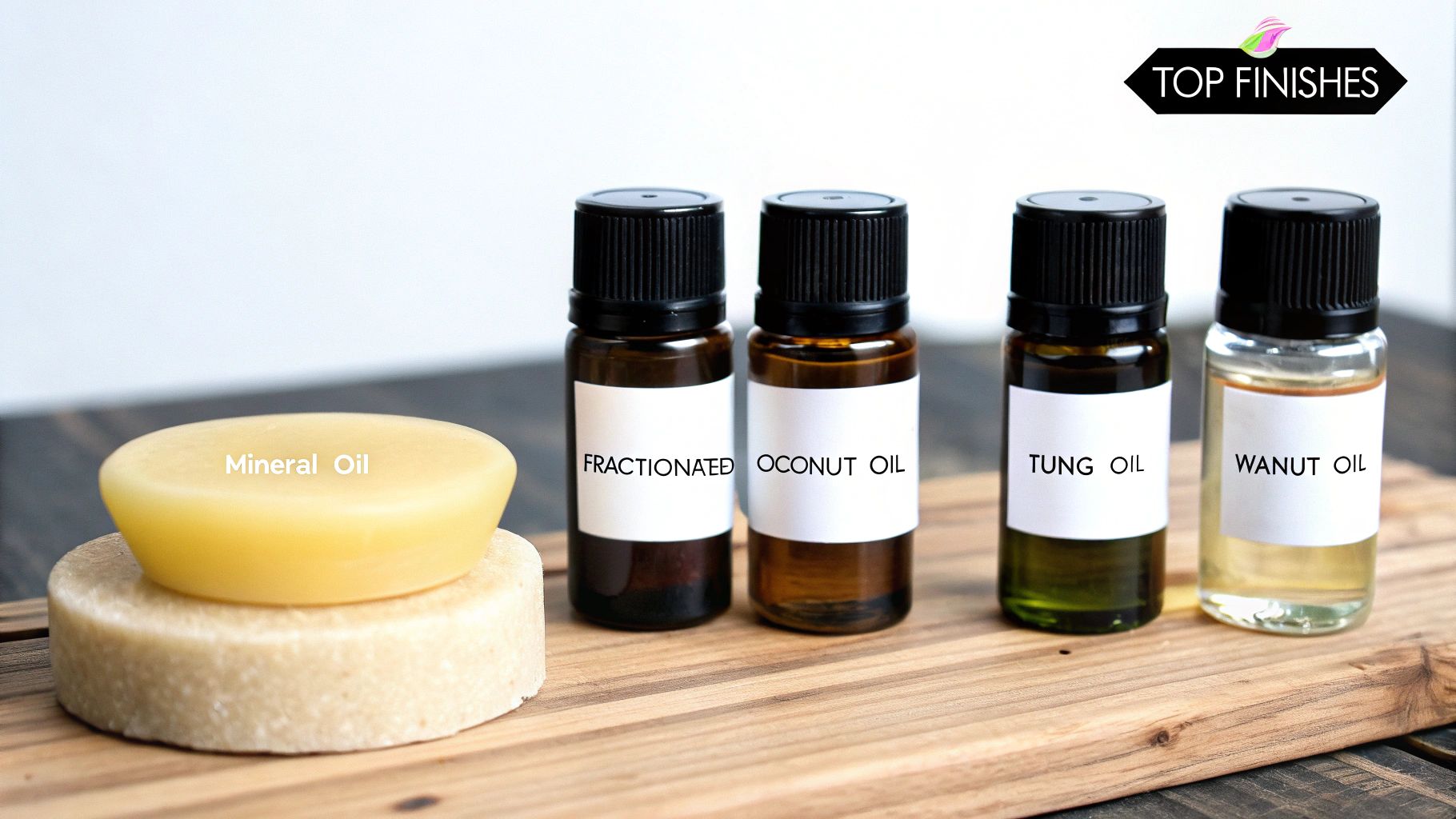 Various oils including mineral oil, fractionated coconut oil, tung oil, and walnut oil on a wooden board.