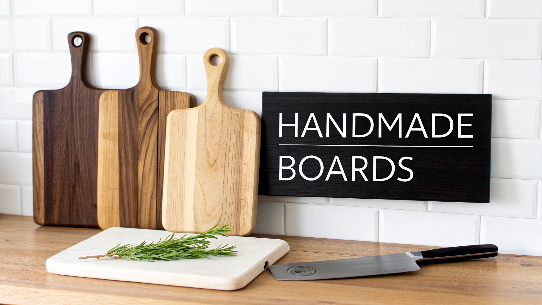 A display of handmade wooden cutting boards in various wood tones, with a white board, rosemary, and a knife.
