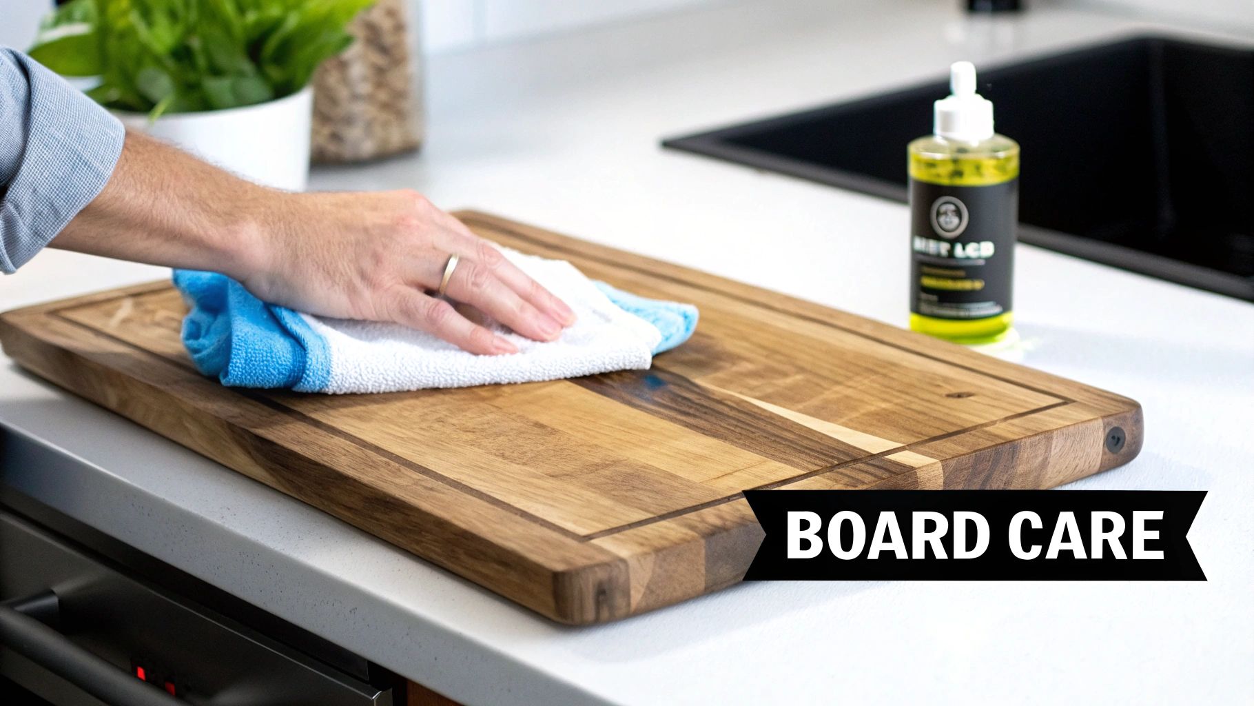 A person's hand carefully wipes a wooden cutting board with a cloth, demonstrating board care with oil.