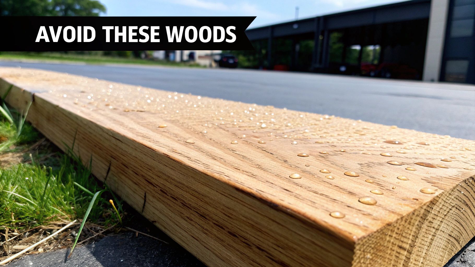 Close-up of a wooden board with water droplets, featuring a banner that reads 'AVOID THESE WOODS'.