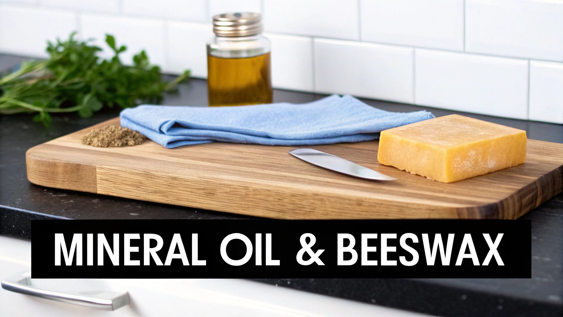 Ingredients for wood care on a cutting board, including a block of beeswax and a bottle of mineral oil.