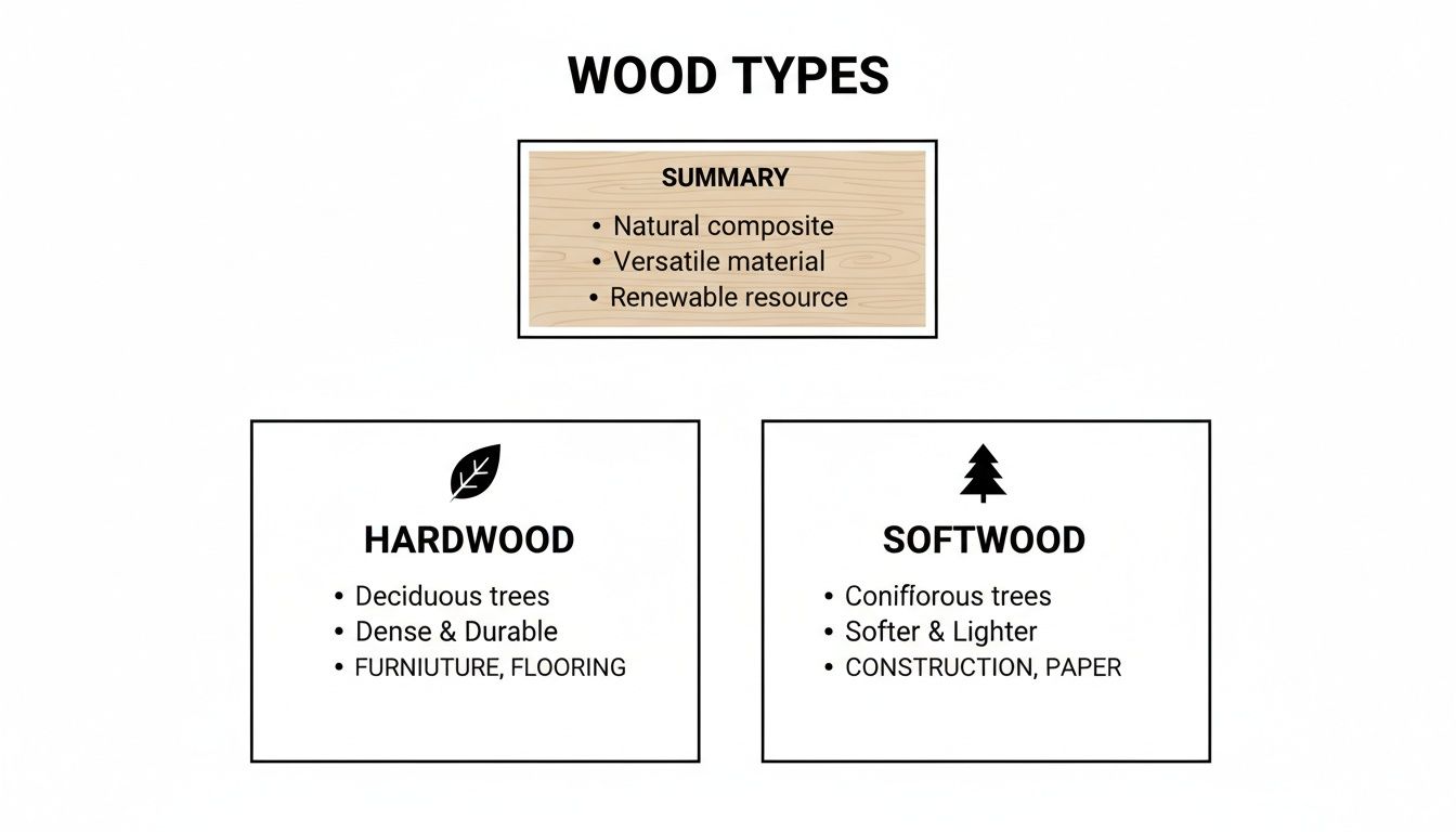 A diagram explaining wood types, summarizing properties, and comparing hardwood and softwood characteristics and uses.