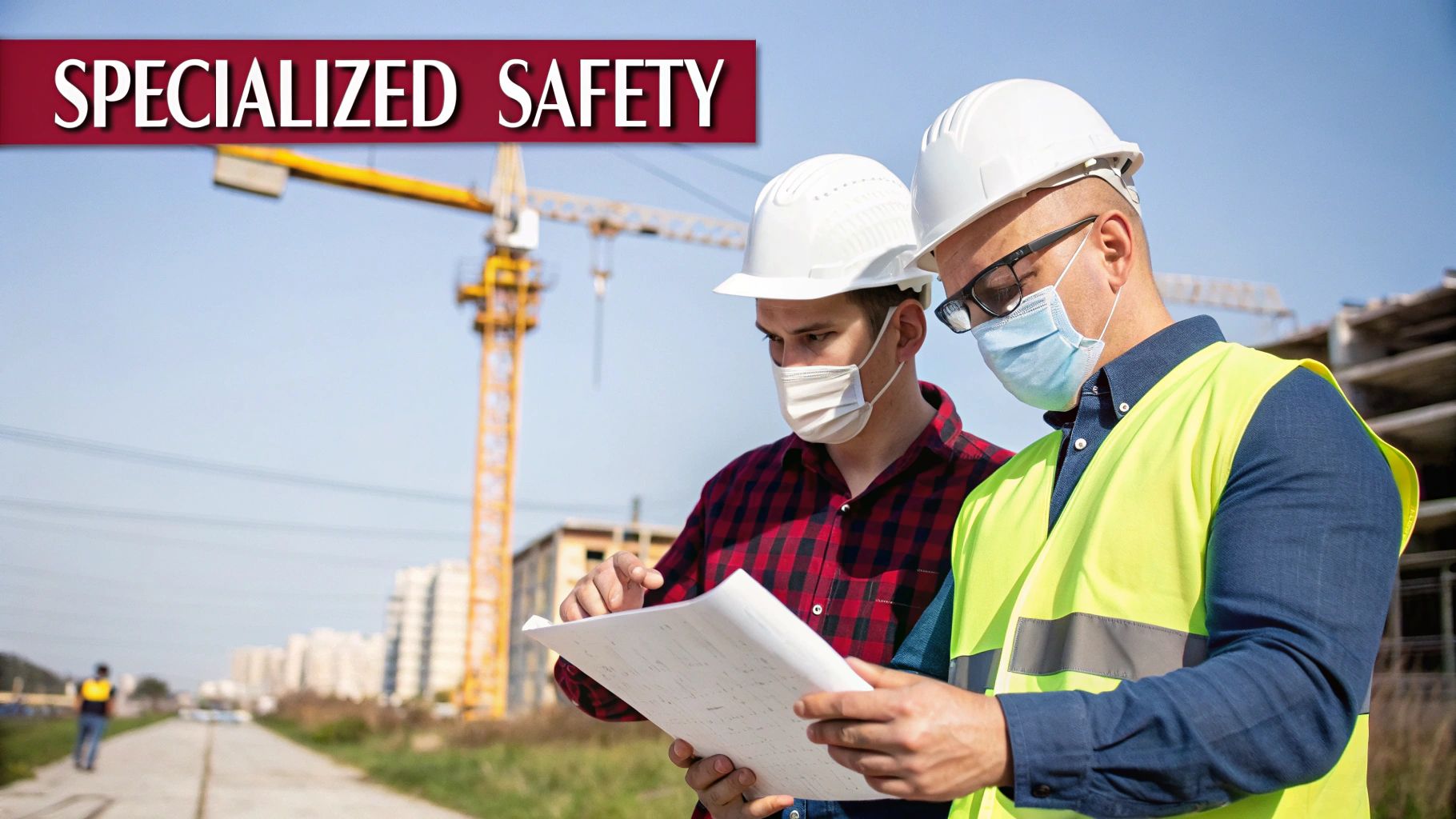 Two masked construction workers in hard hats review blueprints on a busy construction site.
