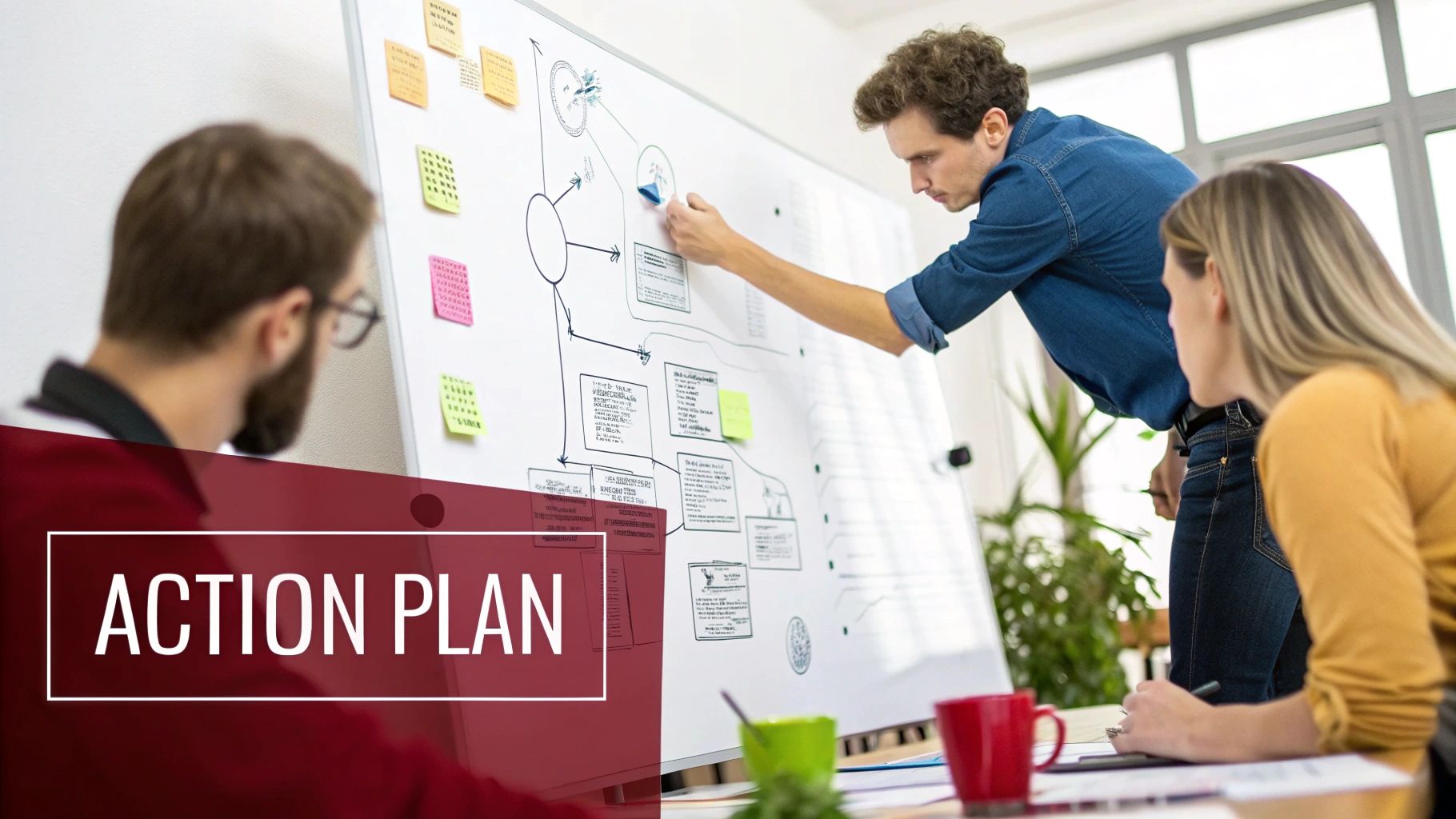 Three colleagues collaborating on an action plan, drawing diagrams and writing notes on a large whiteboard.