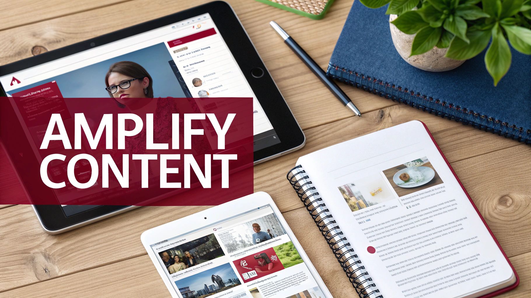 Digital devices and a notebook on a wooden desk with 'AMPLIFY CONTENT' overlay.
