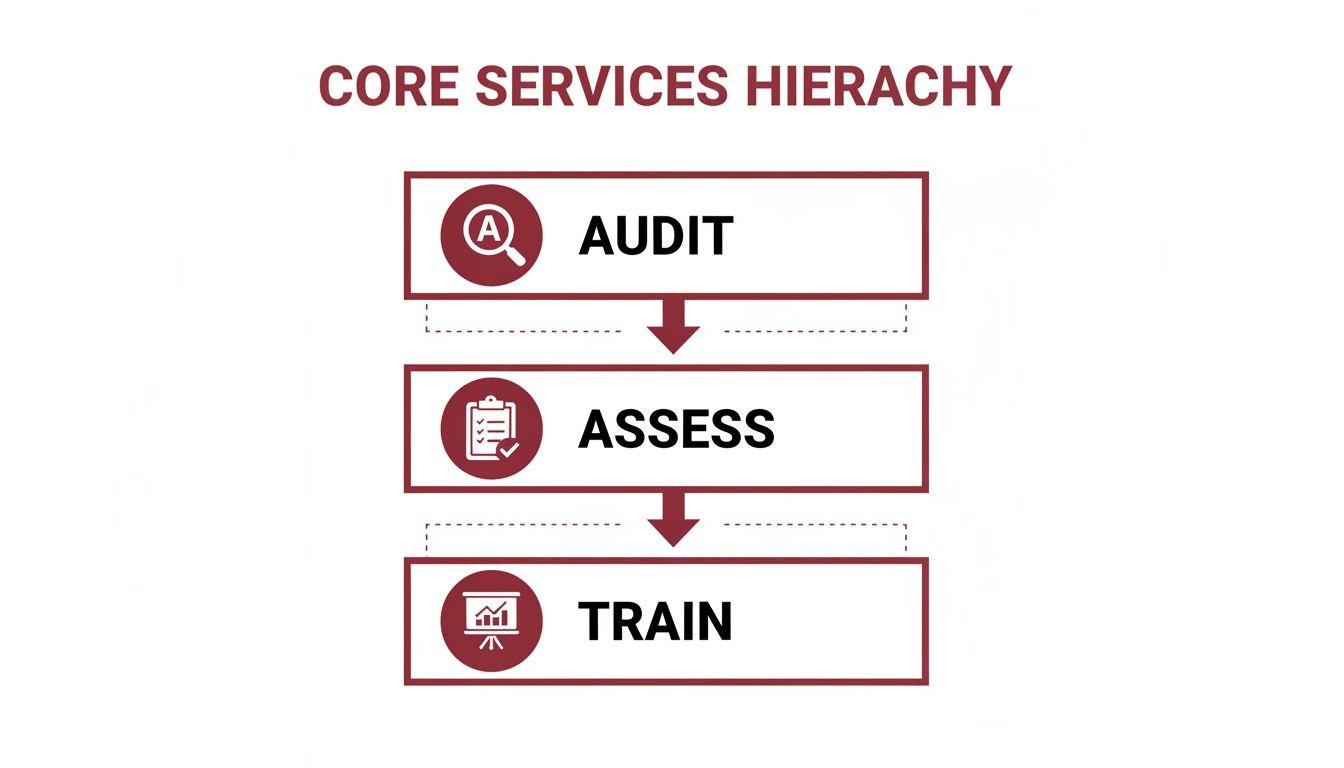 Diagram illustrating a core services hierarchy with three sequential steps: Audit, Assess, and Train.