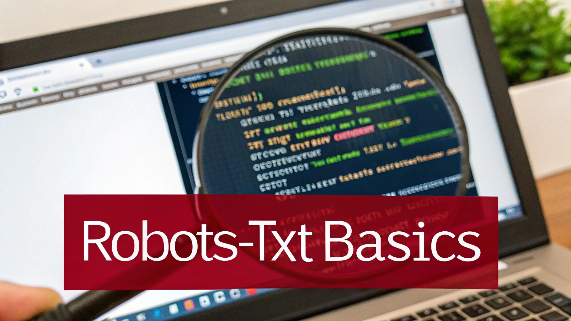 A magnifying glass over a laptop screen displaying code, with a 'Robots-Txt Basics' banner for SEO.