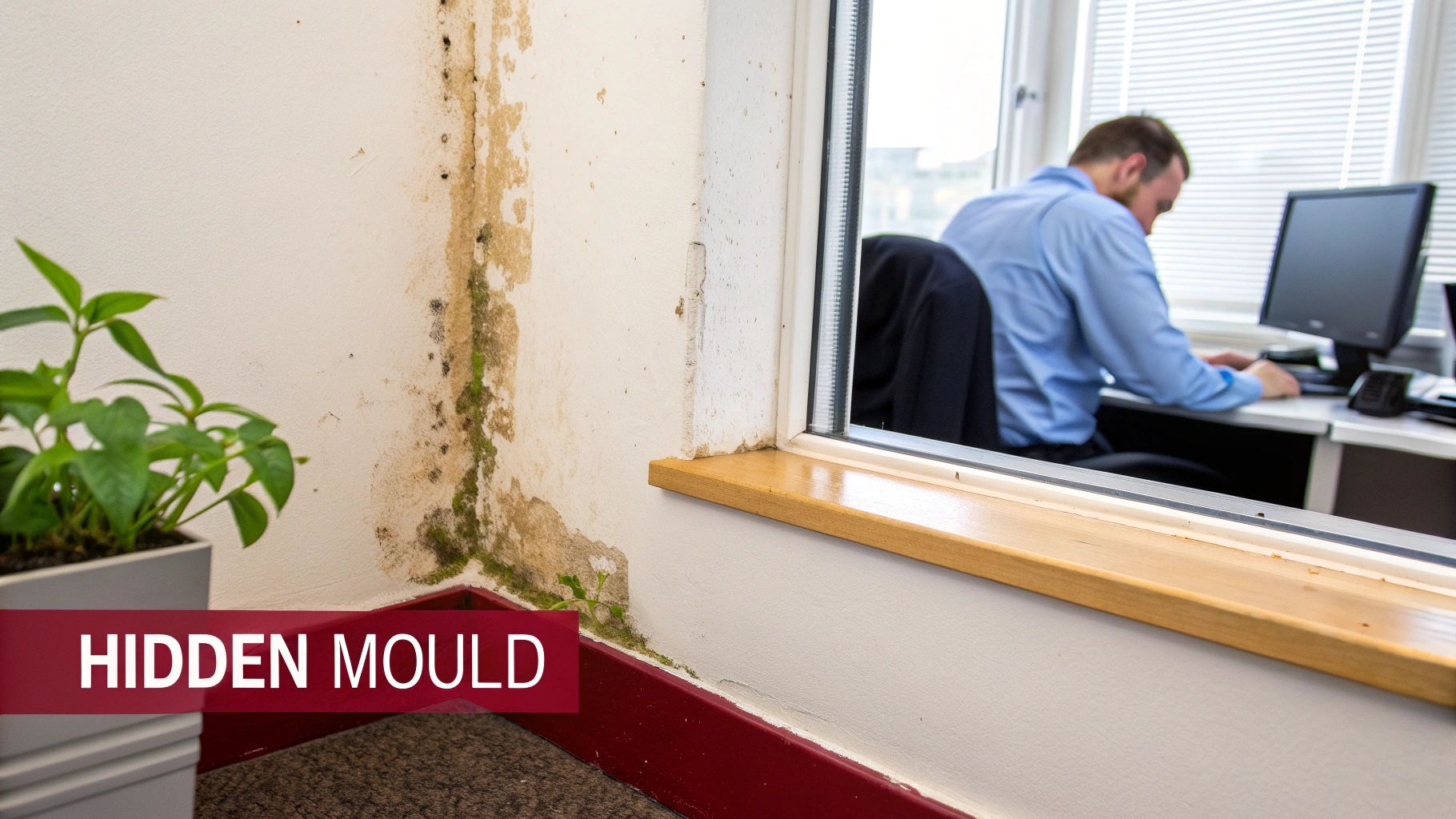 A close-up image showing hidden mould growing behind peeling wallpaper in an office.